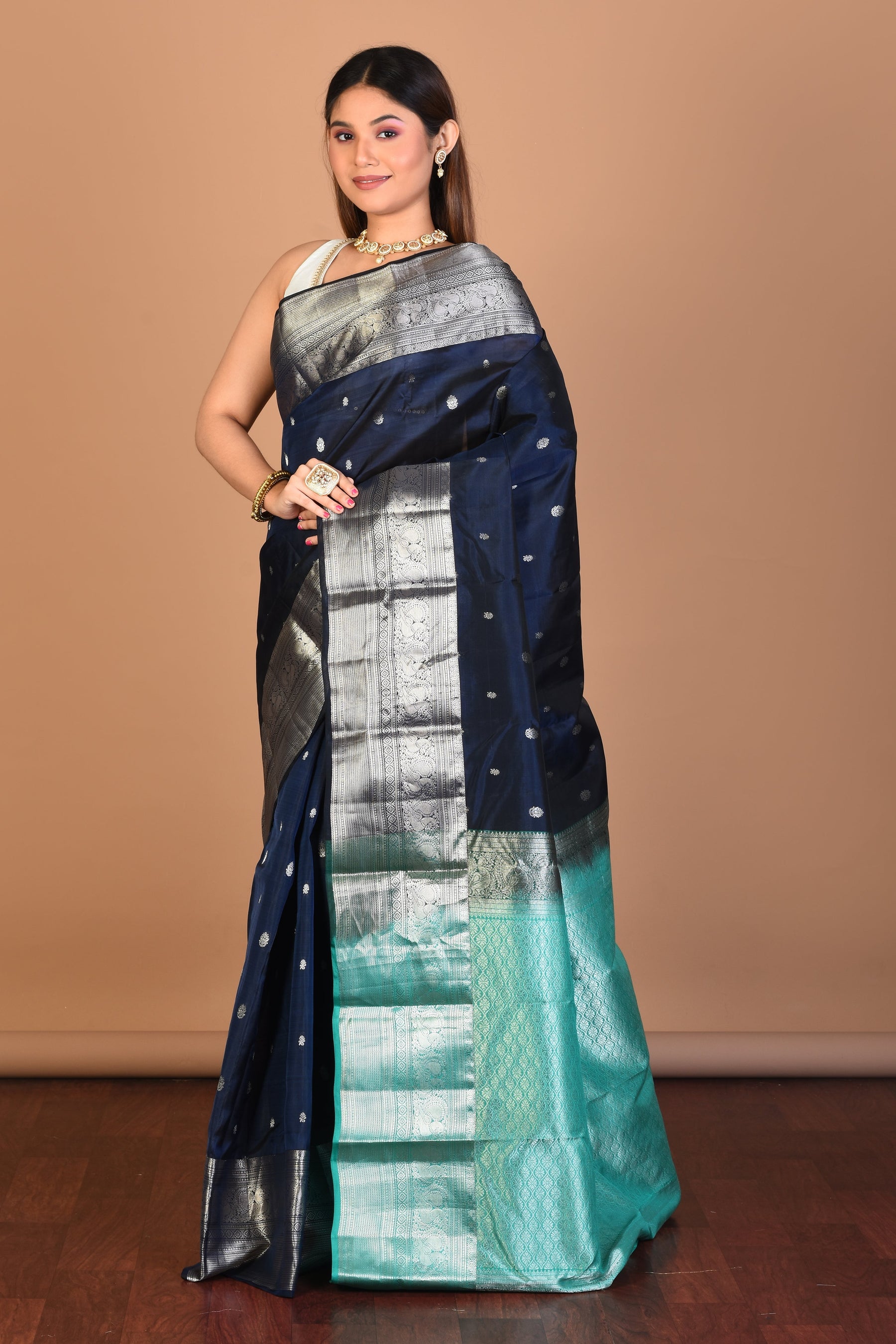 Navy Blue Blended Kanjivaram Saree with Blouse Piece - Keya Seth Exclusive