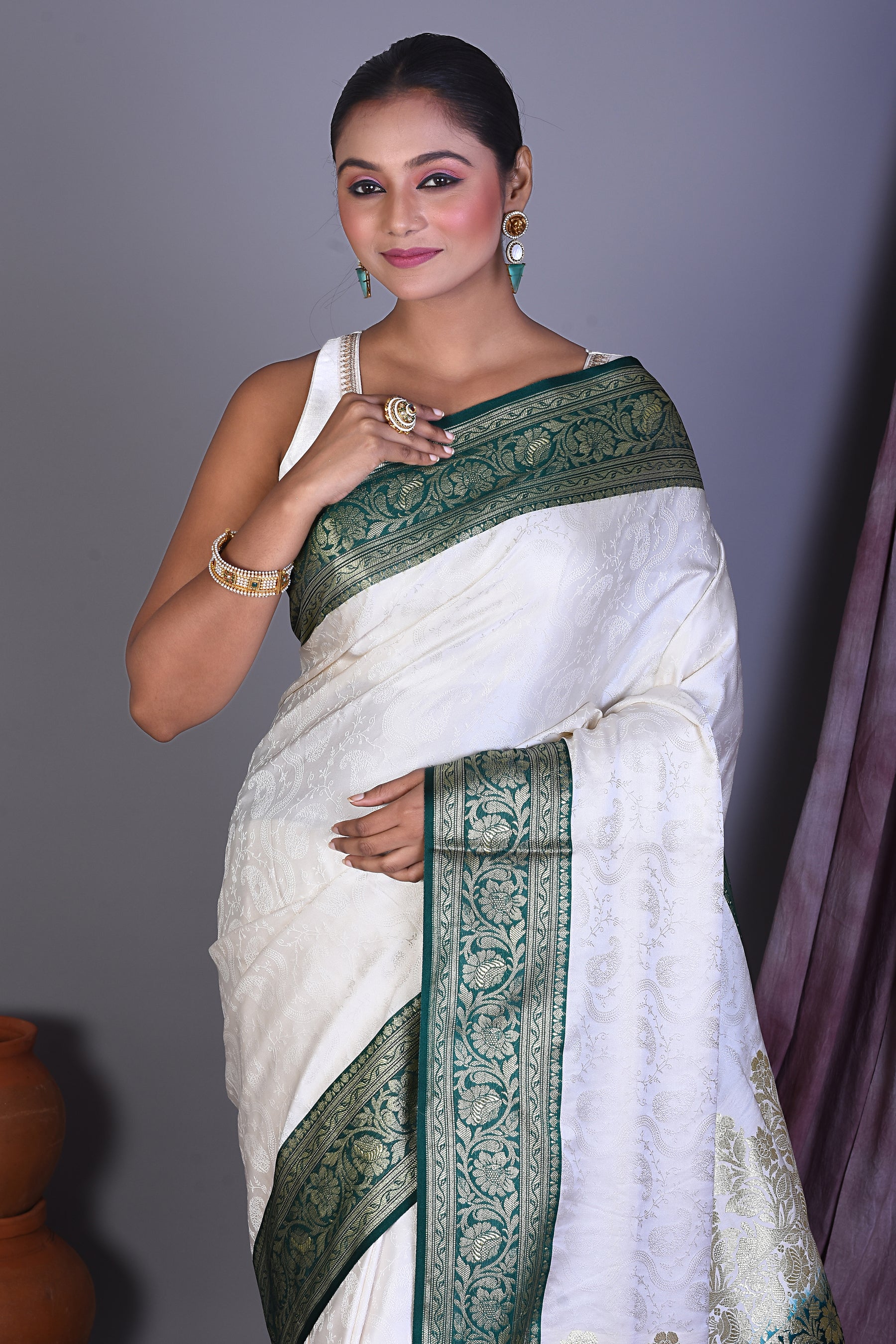 White Satin Silk Saree with Golden Zari - Keya Seth Exclusive