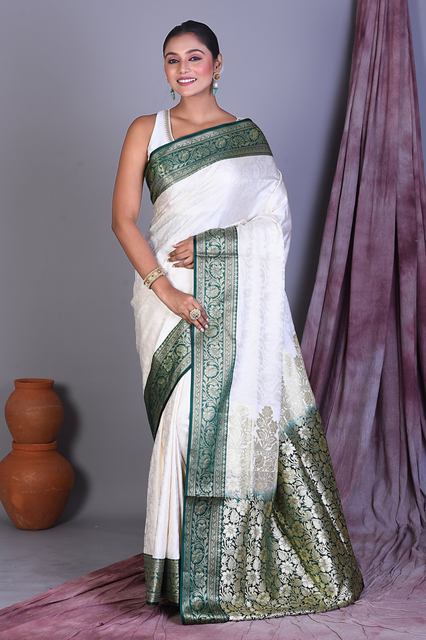 White Satin Silk Saree with Golden Zari - Keya Seth Exclusive