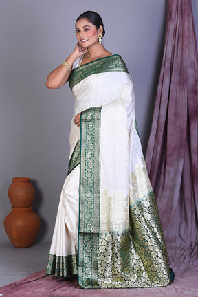 White Satin Silk Saree with Golden Zari - Keya Seth Exclusive