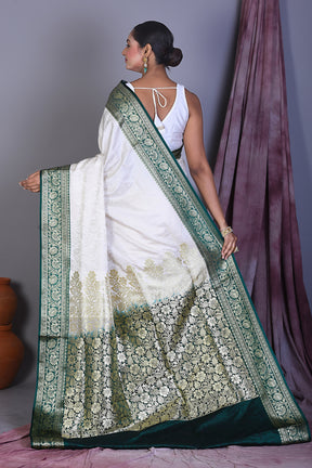 White Satin Silk Saree with Golden Zari - Keya Seth Exclusive