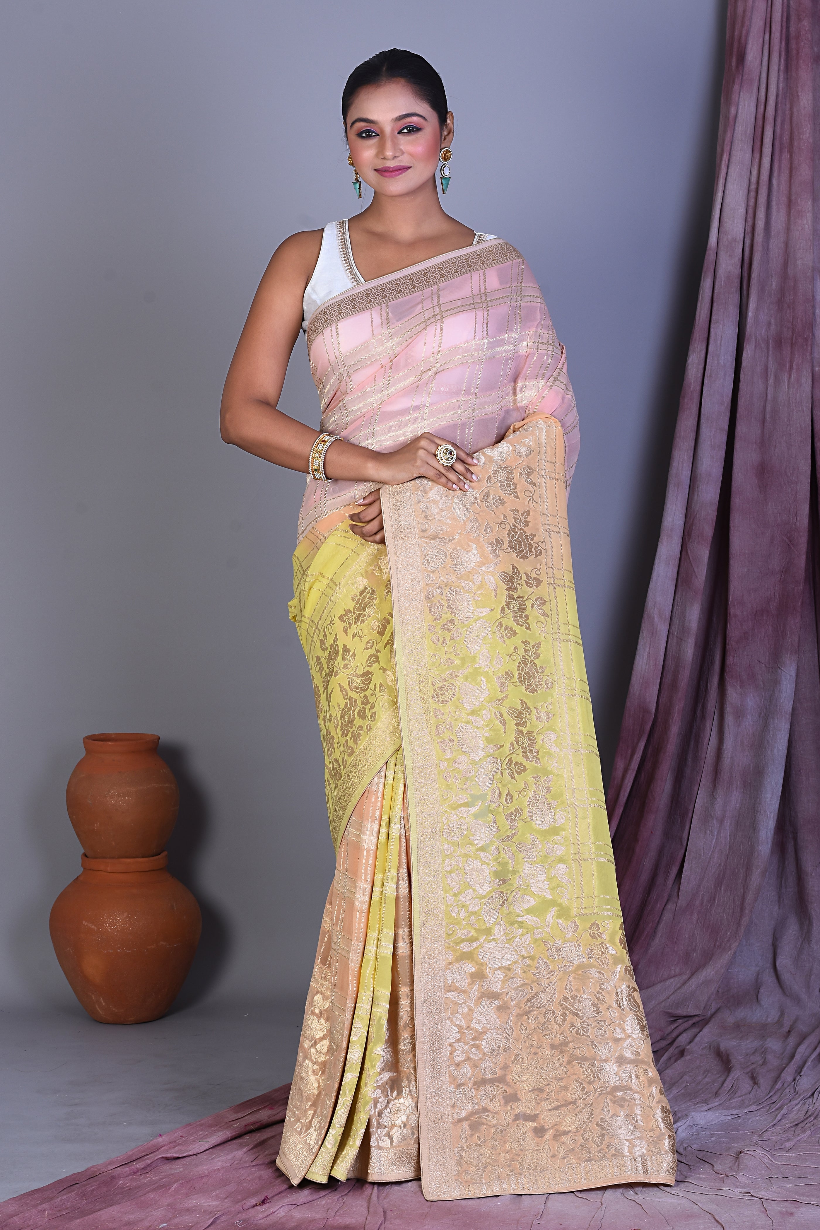 Yellow & Pink Blended Georgette Saree with Golden Zari - Keya Seth Exclusive