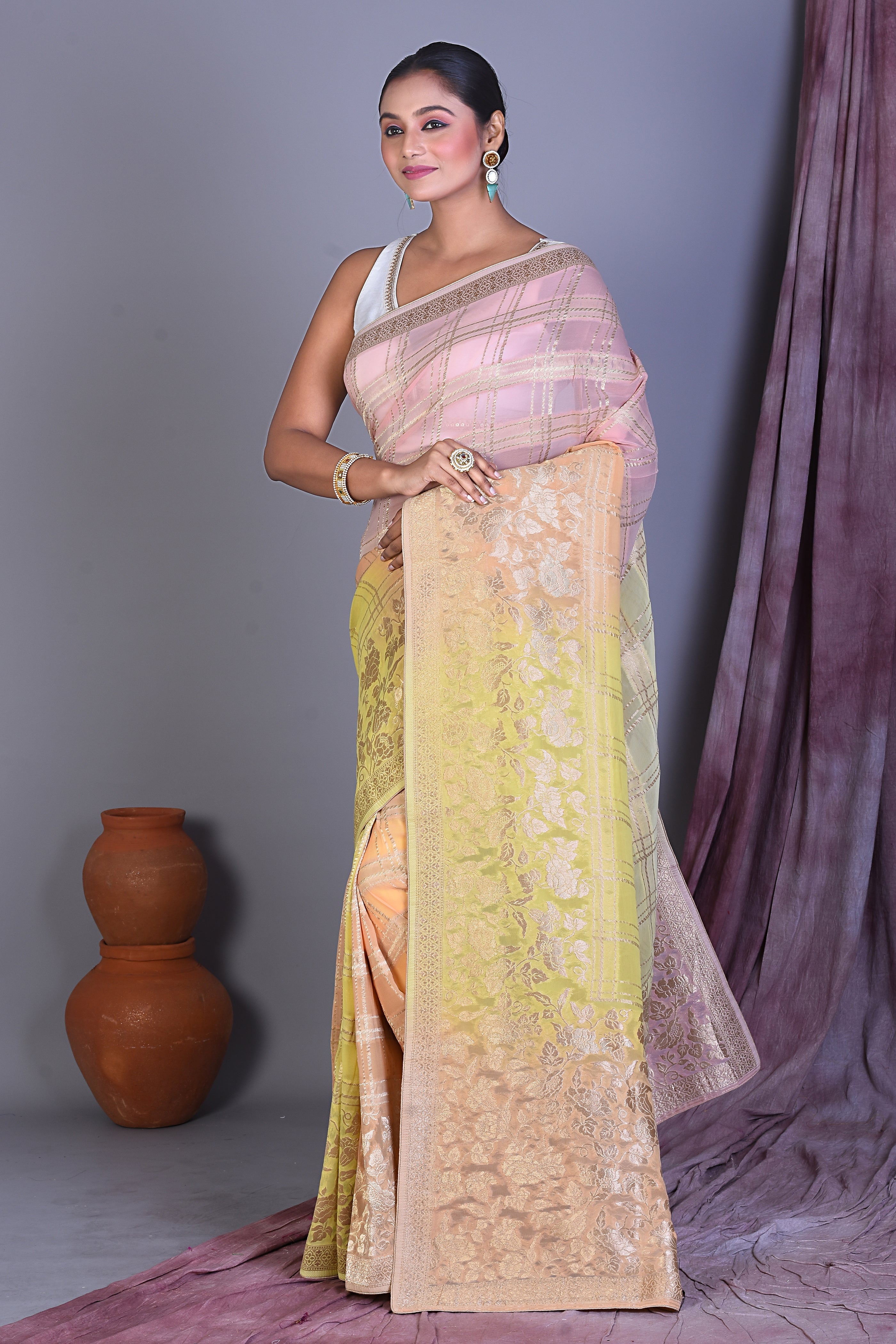 Yellow & Pink Blended Georgette Saree with Golden Zari - Keya Seth Exclusive