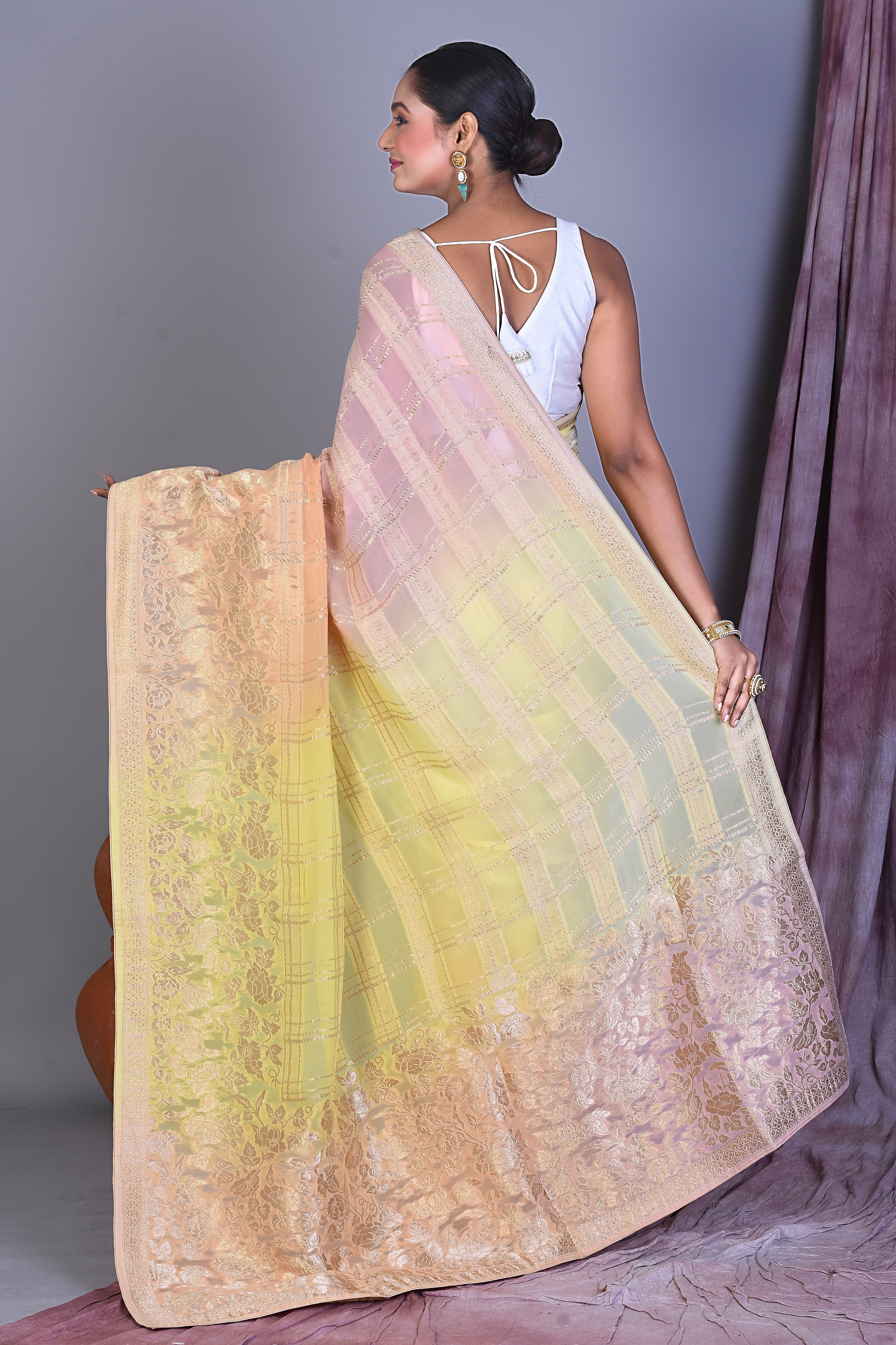 Yellow & Pink Blended Georgette Saree with Golden Zari - Keya Seth Exclusive