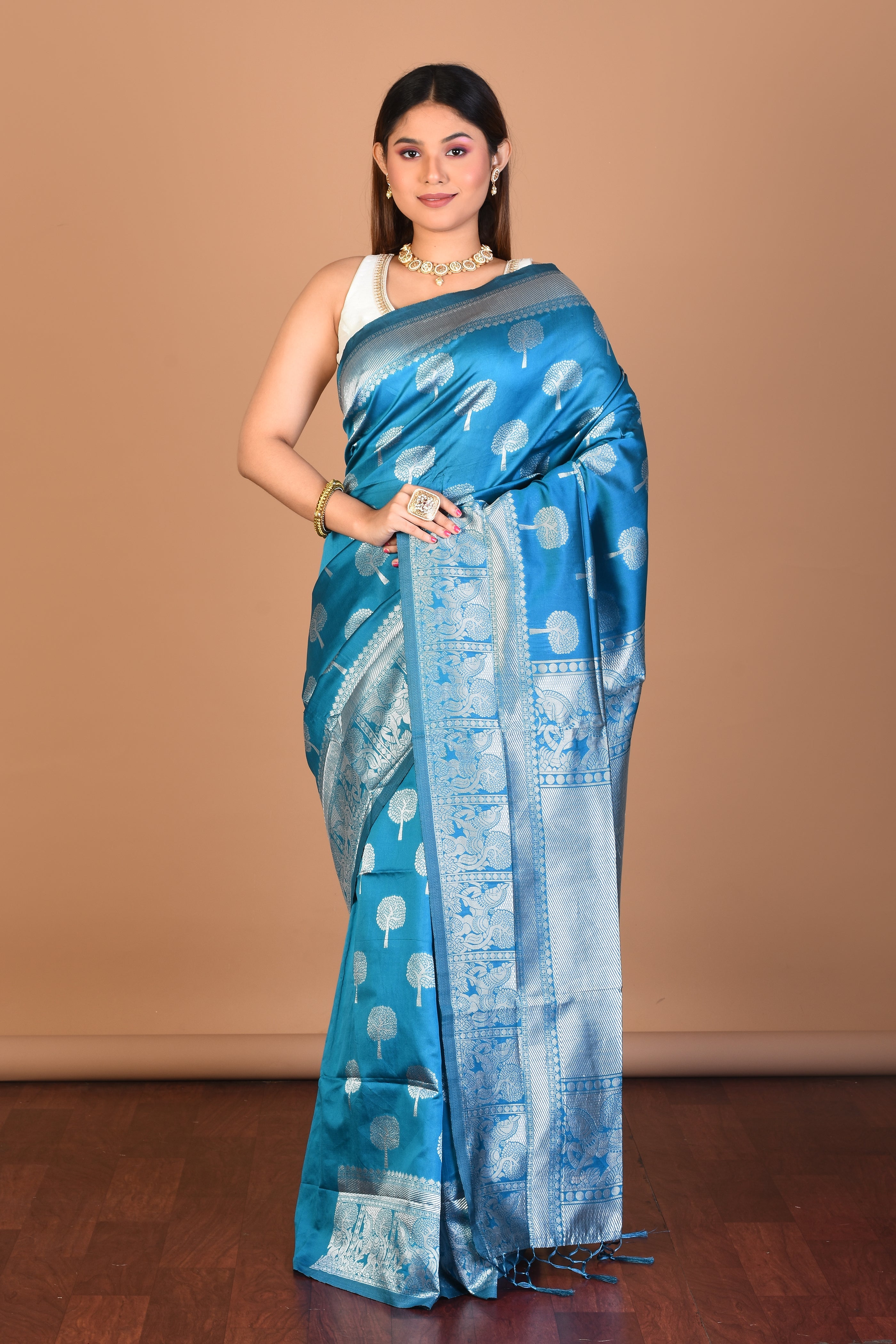 Blue Blended Silk Saree with Blouse Piece - Keya Seth Exclusive