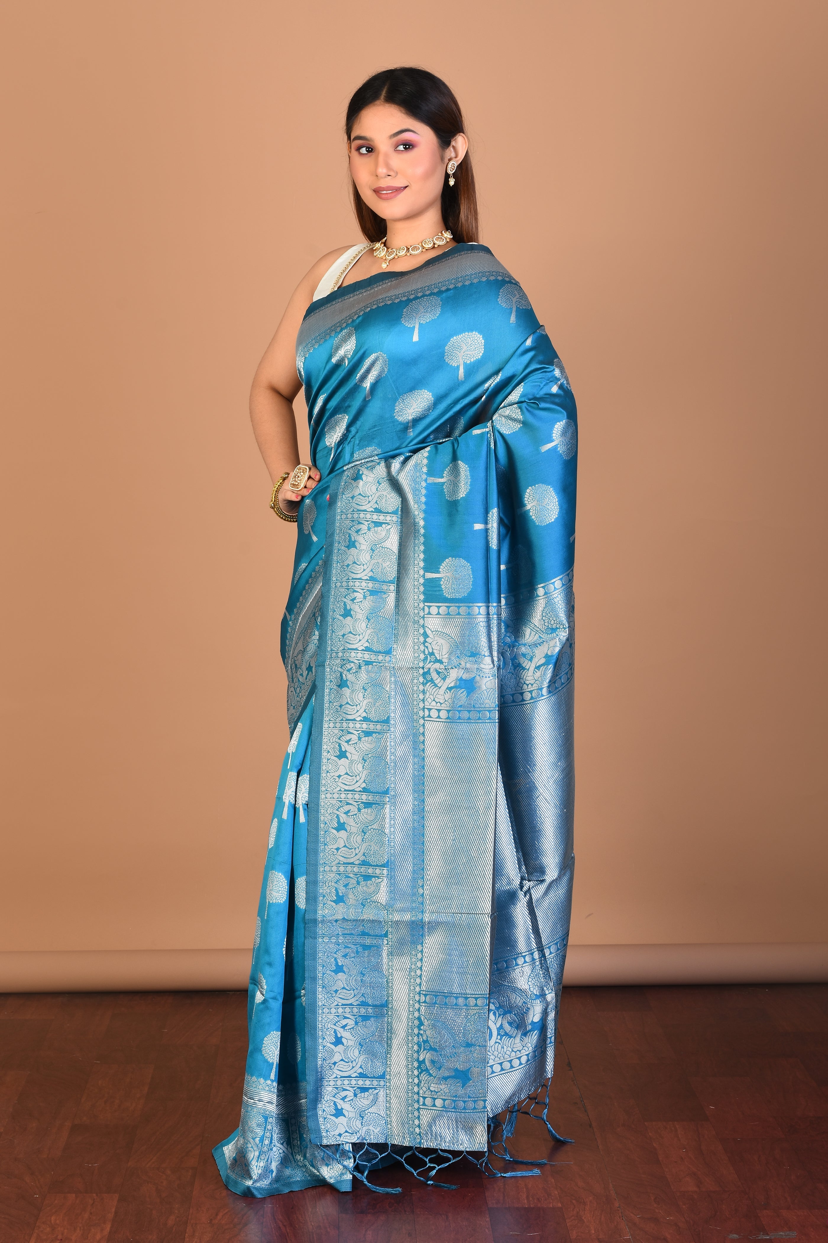 Blue Blended Silk Saree with Blouse Piece - Keya Seth Exclusive