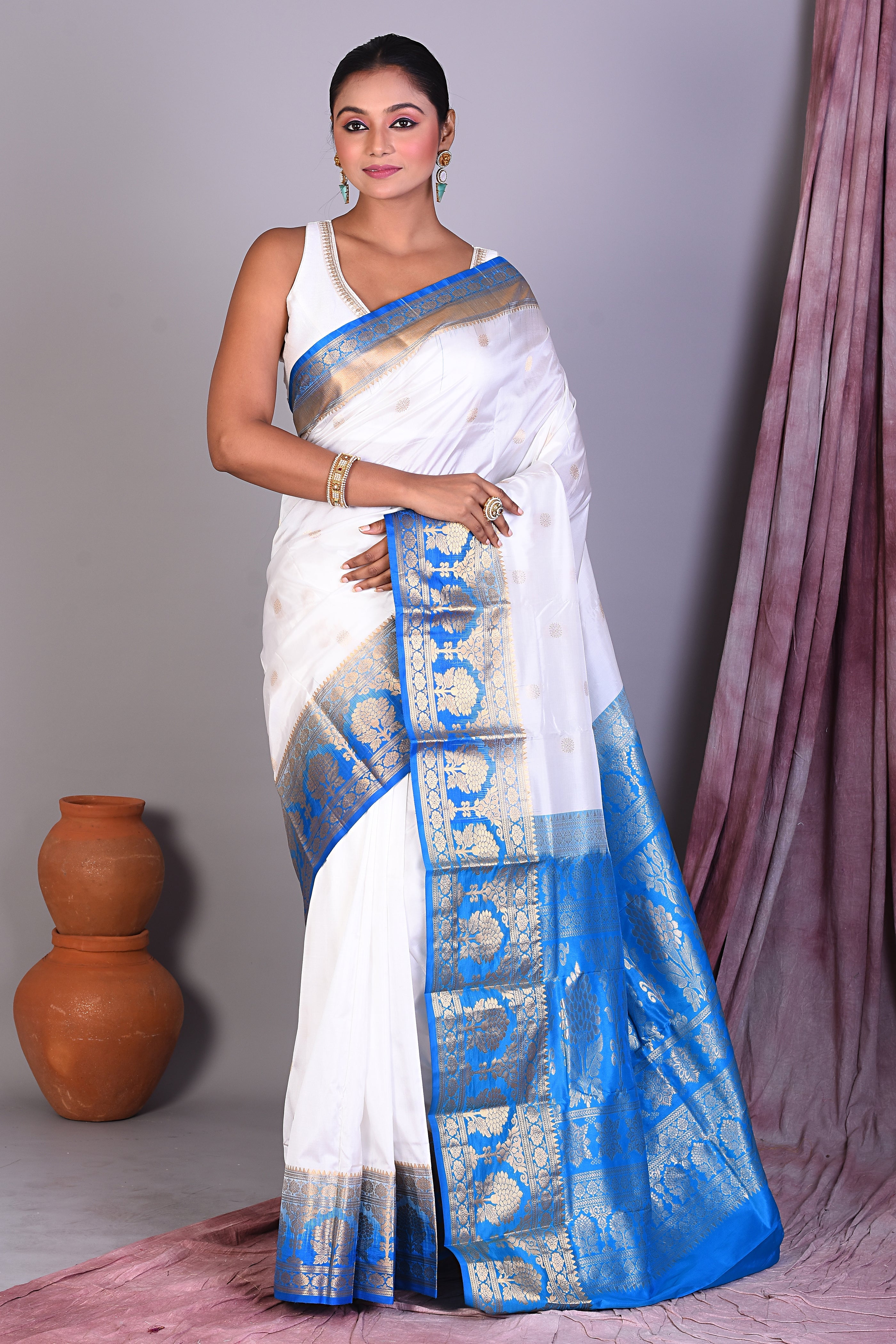 White Pure Kanjivaram Saree with Blue Borders - Keya Seth Exclusive