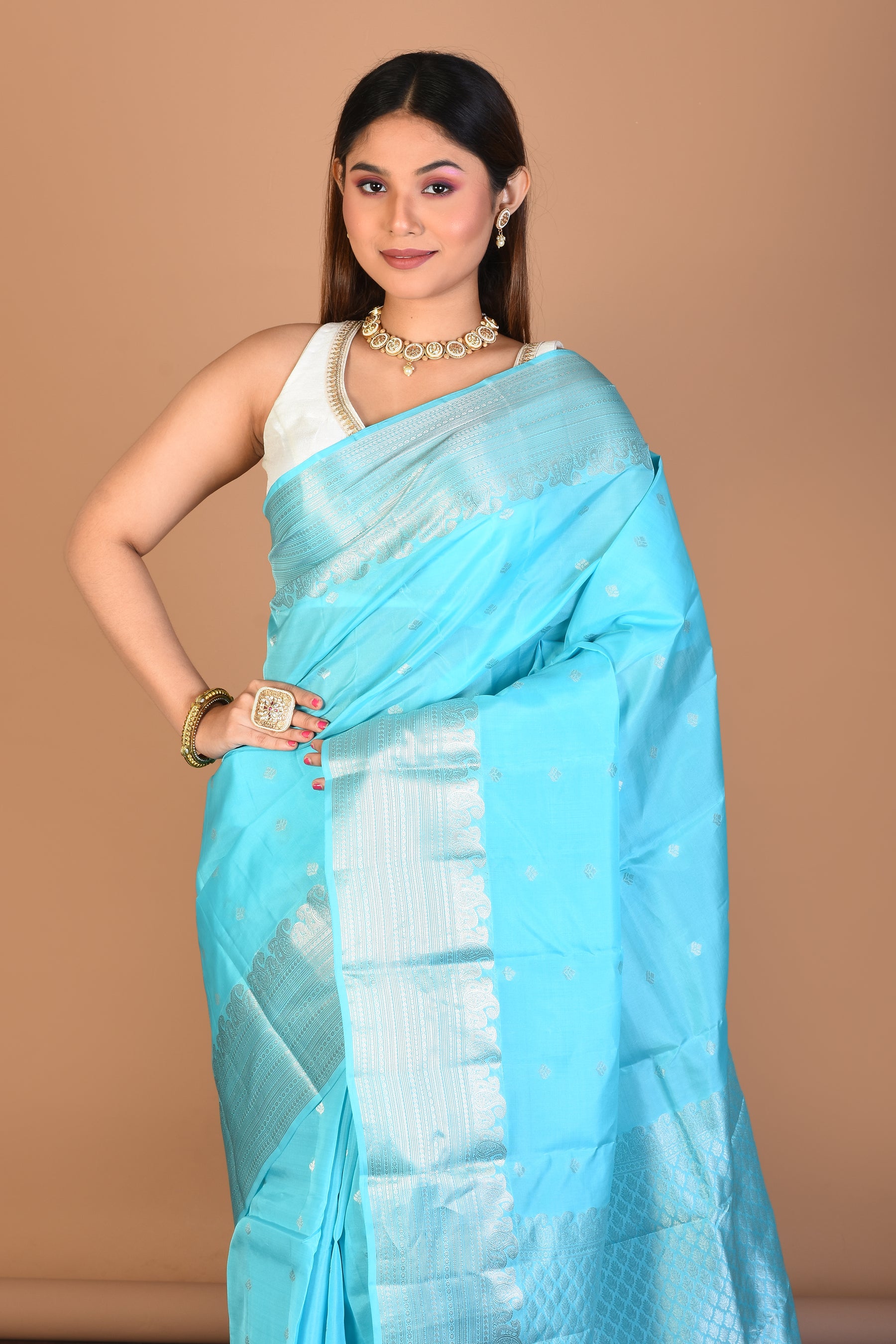 Sky Blended Kanjivaram Saree with Blouse Piece - Keya Seth Exclusive