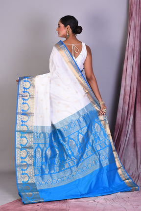 White Pure Kanjivaram Saree with Blue Borders - Keya Seth Exclusive