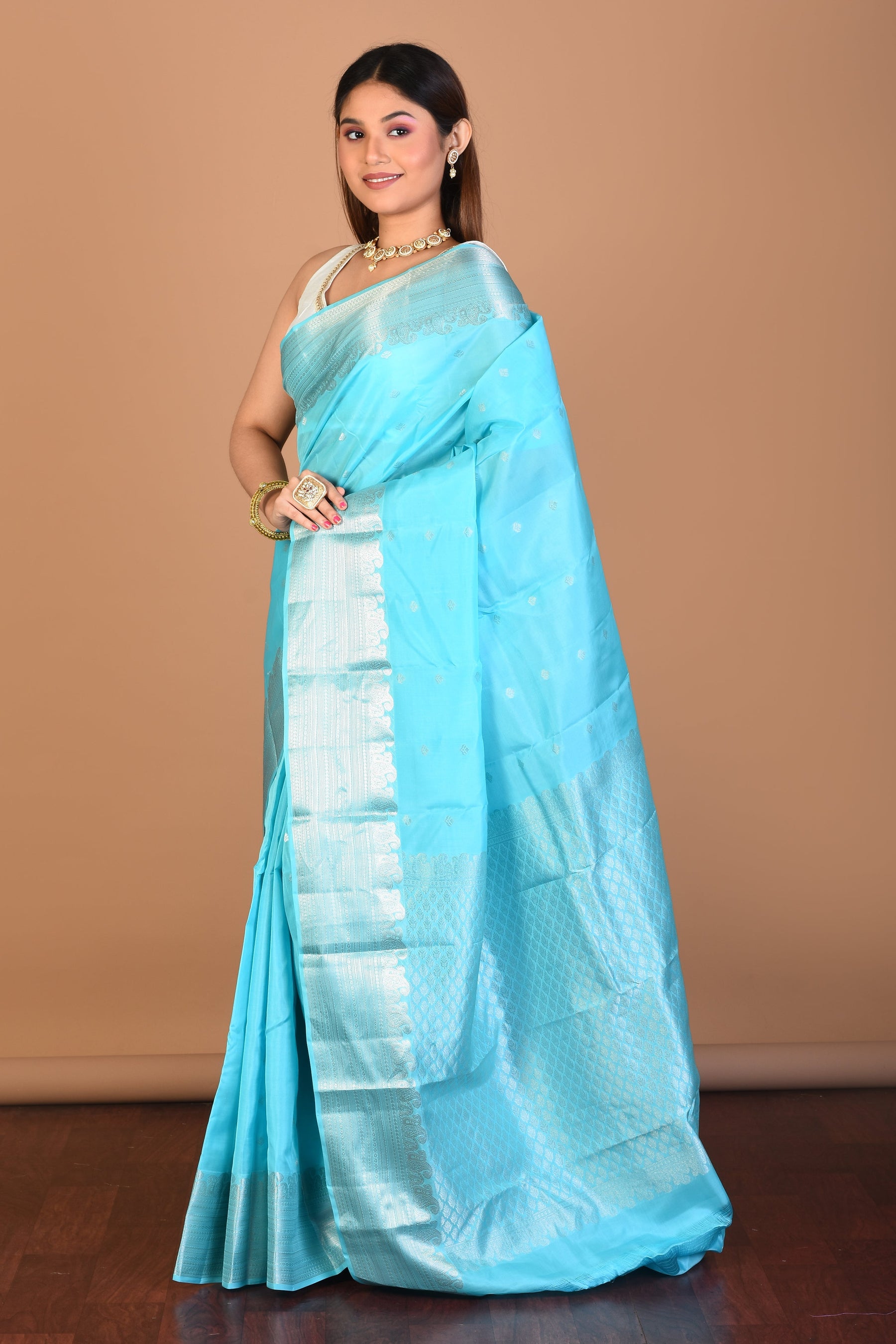 Sky Blended Kanjivaram Saree with Blouse Piece - Keya Seth Exclusive