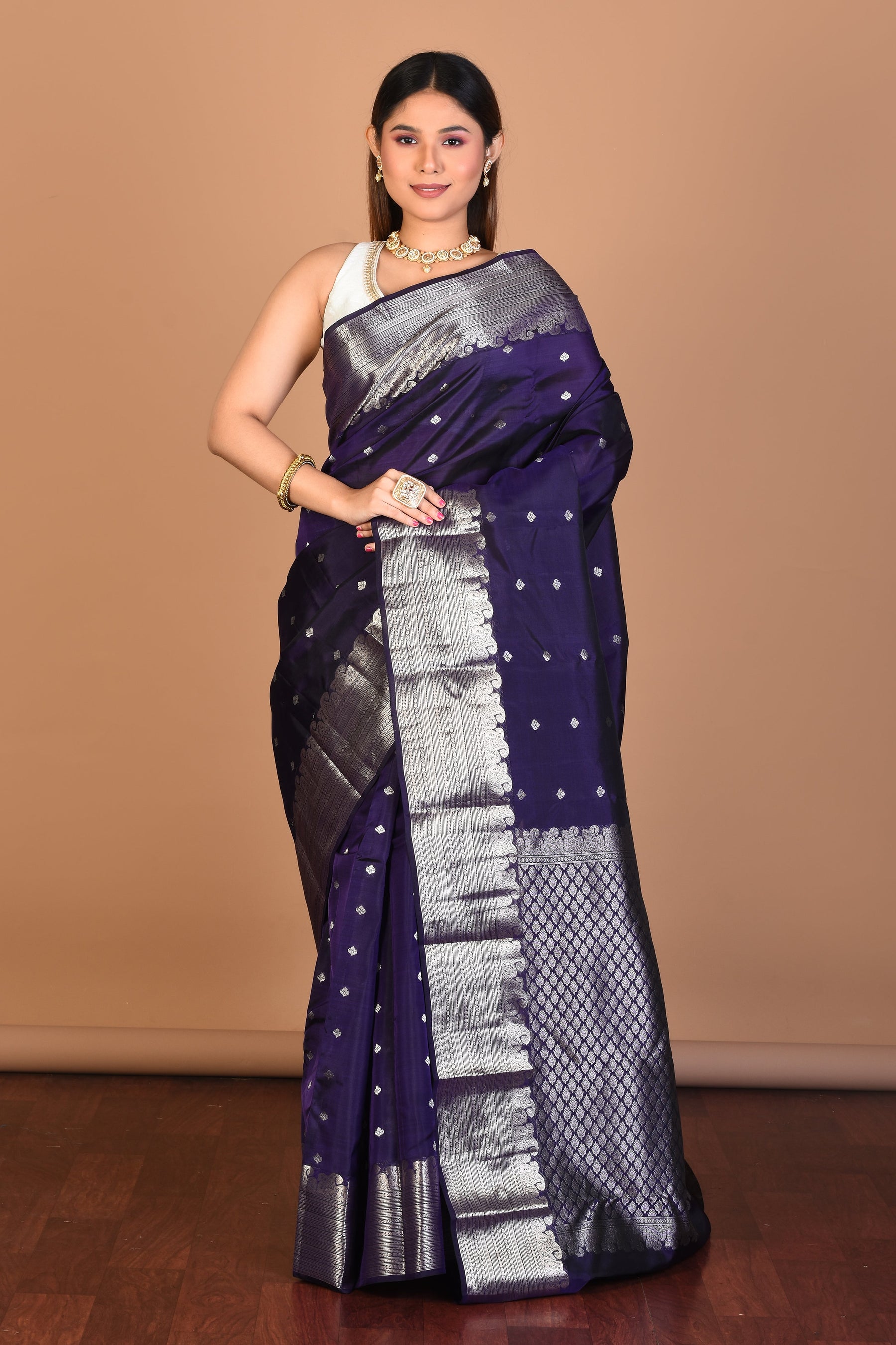 Navy Blue Blended Kanjivaram Saree with Blouse Piece - Keya Seth Exclusive