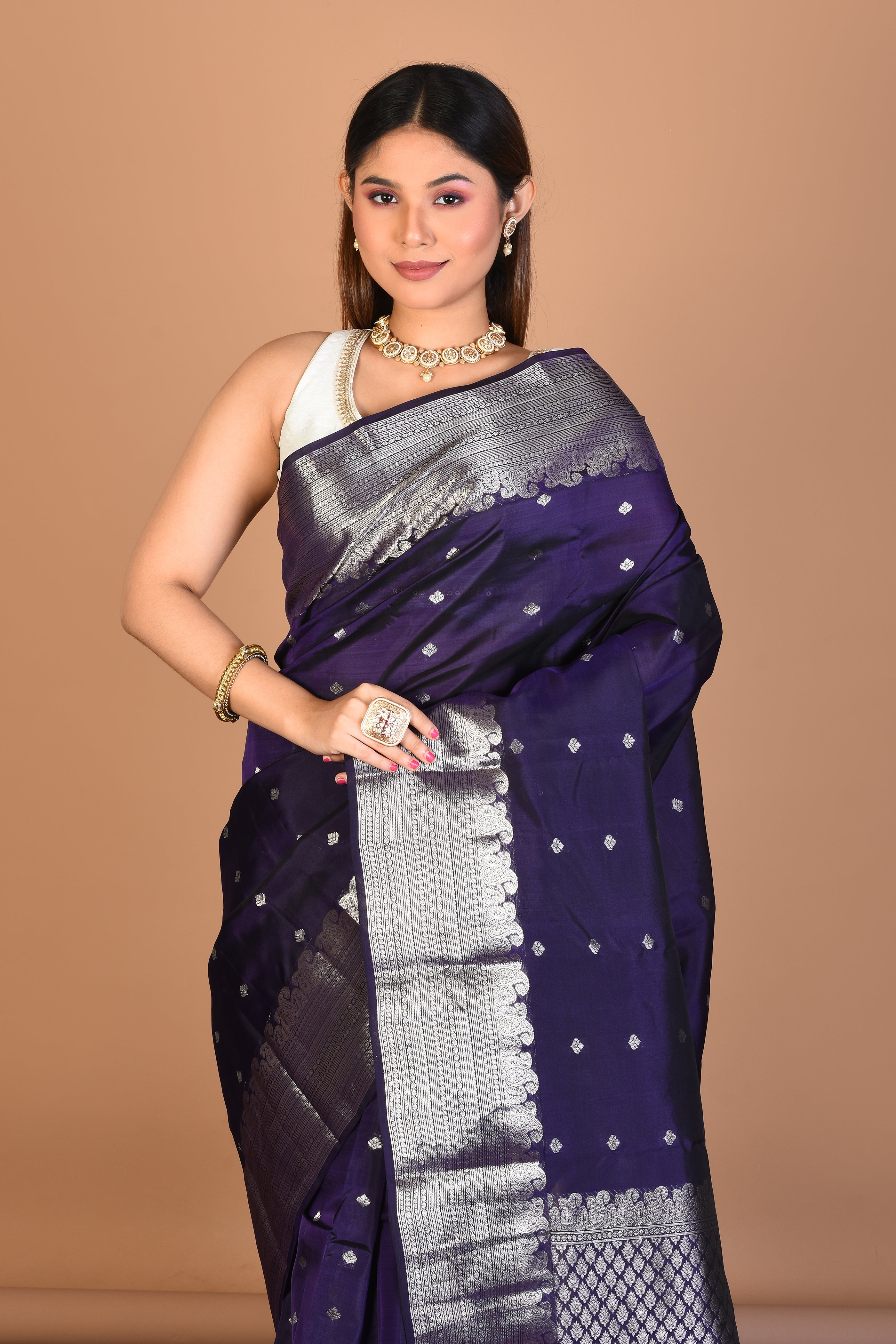 Navy Blue Blended Kanjivaram Saree with Blouse Piece - Keya Seth Exclusive