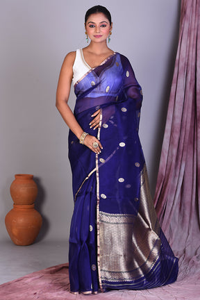 Navy Blue Pure Kora Saree with Golden Zari - Keya Seth Exclusive