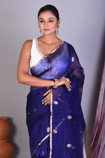 Load image into Gallery viewer, Navy Blue Pure Kora Saree with Golden Zari - Keya Seth Exclusive
