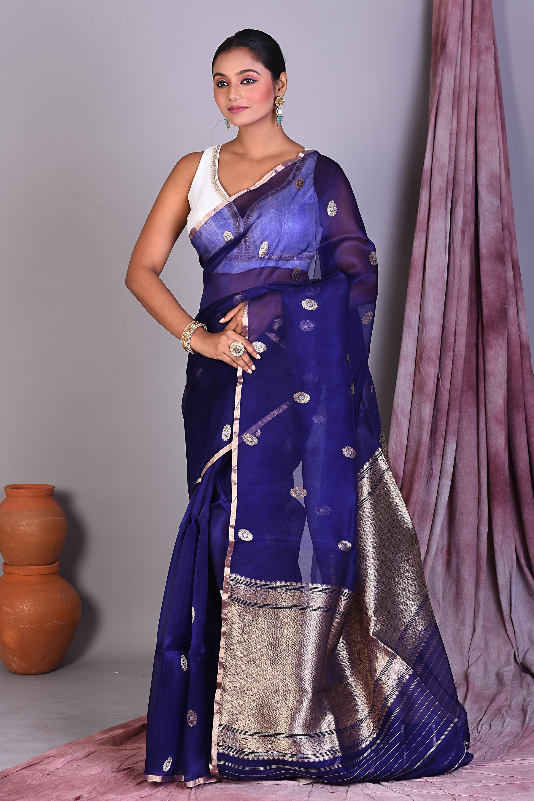 Navy Blue Pure Kora Saree with Golden Zari - Keya Seth Exclusive