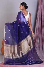 Load image into Gallery viewer, Navy Blue Pure Kora Saree with Golden Zari - Keya Seth Exclusive
