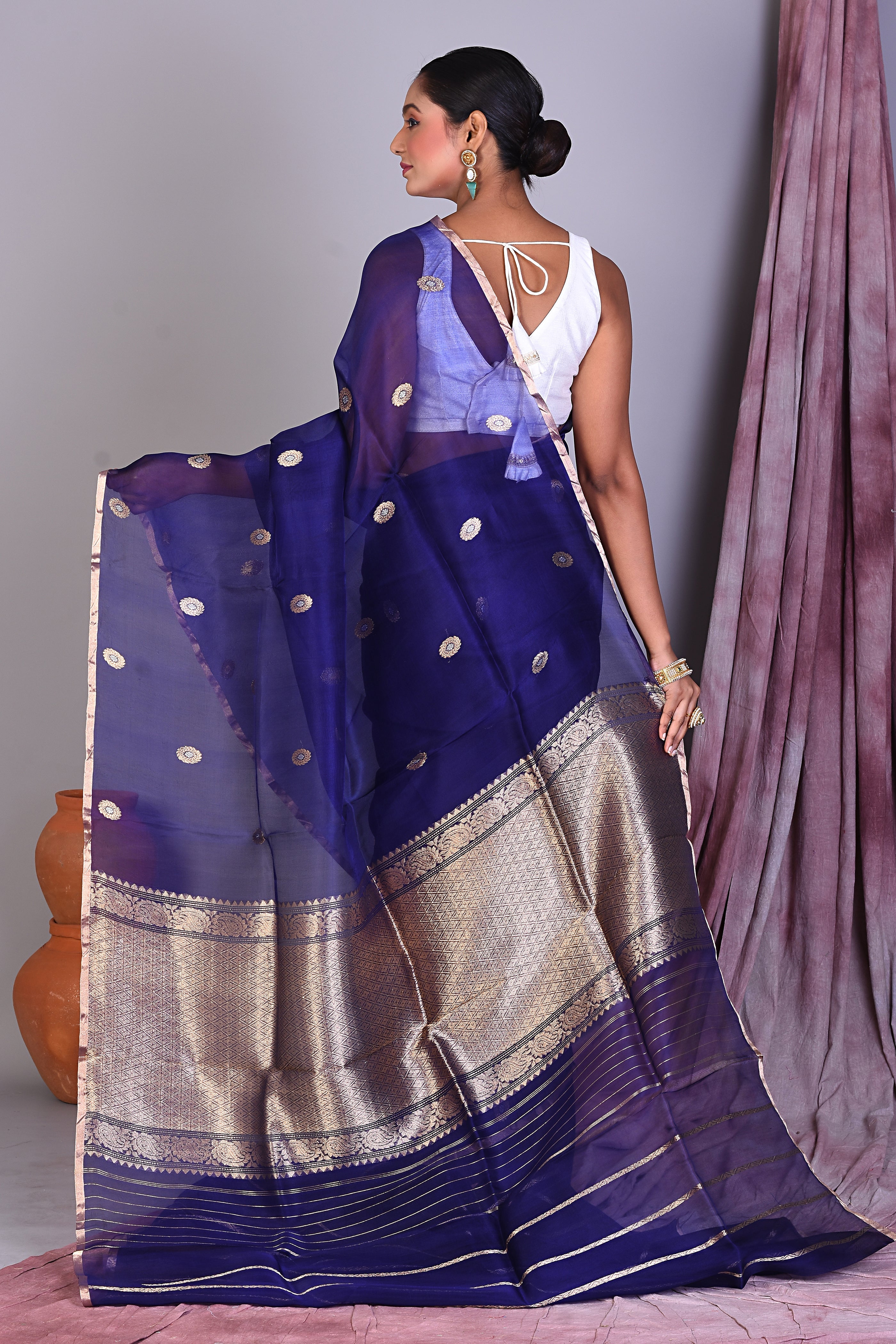 Navy Blue Pure Kora Saree with Golden Zari - Keya Seth Exclusive