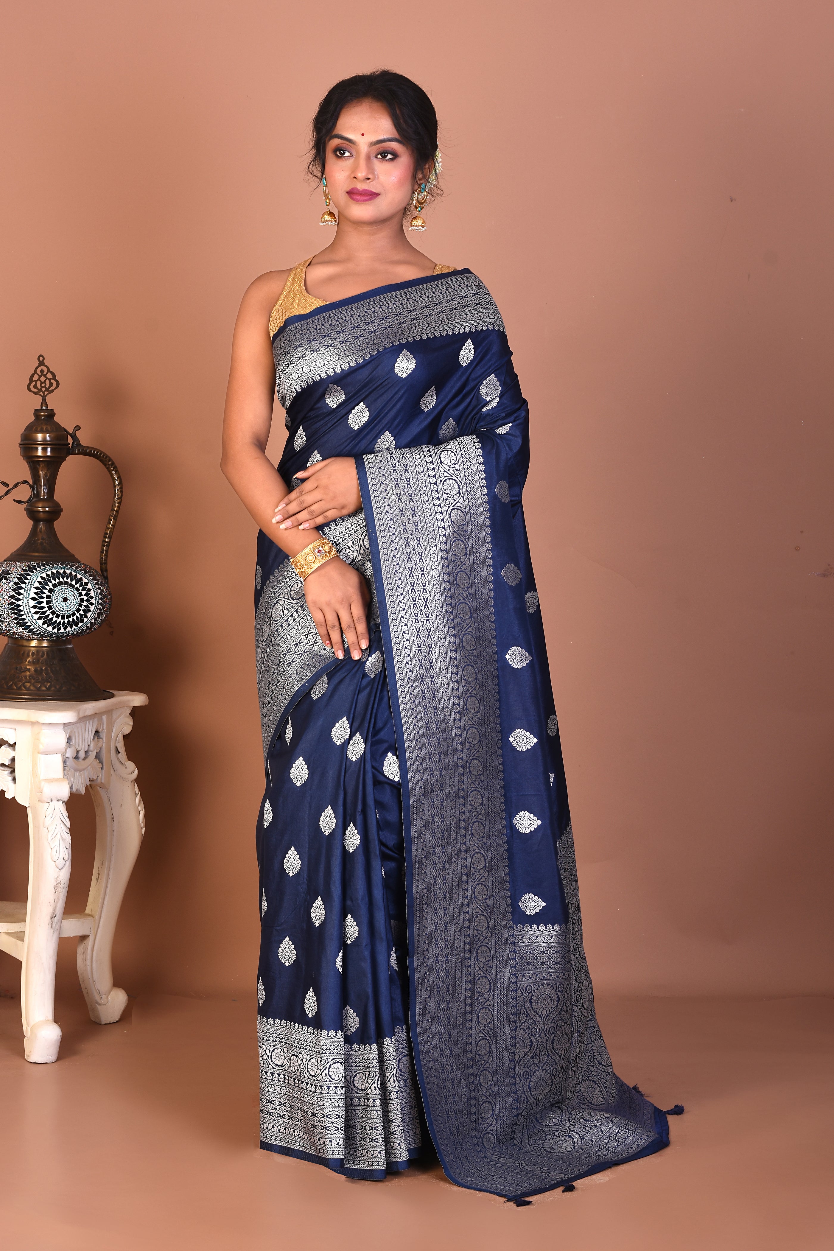 Navy Blue Blended Mashru Silk Saree - Keya Seth Exclusive