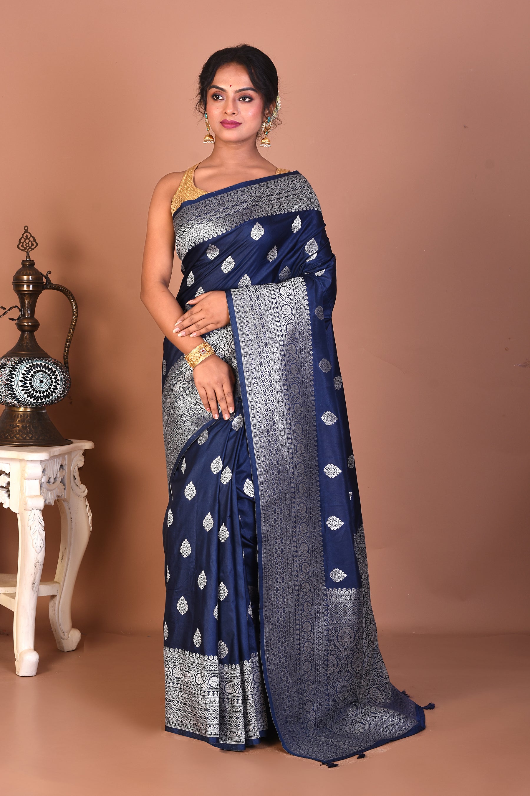 Navy Blue Blended Mashru Silk Saree - Keya Seth Exclusive