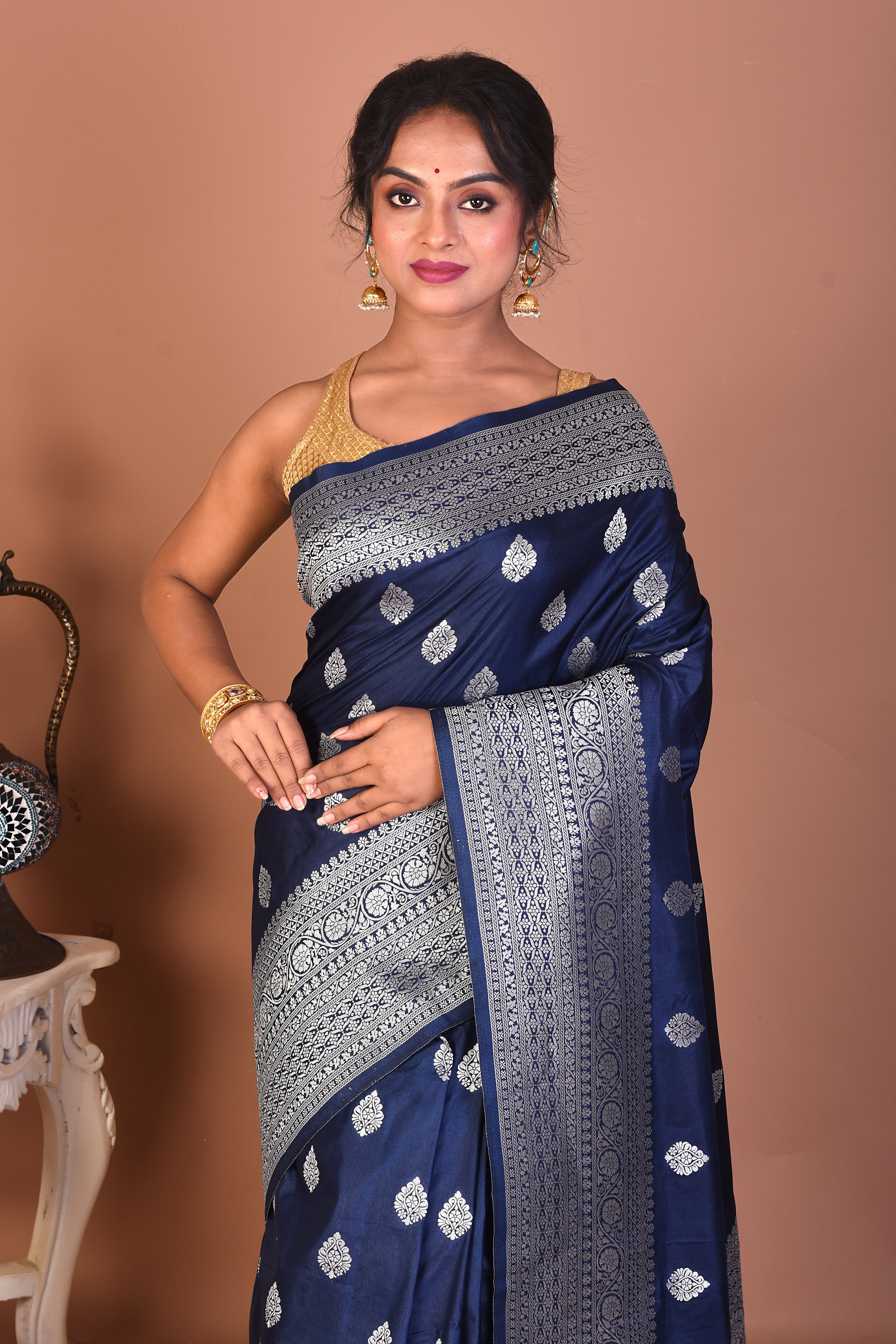Navy Blue Blended Mashru Silk Saree - Keya Seth Exclusive