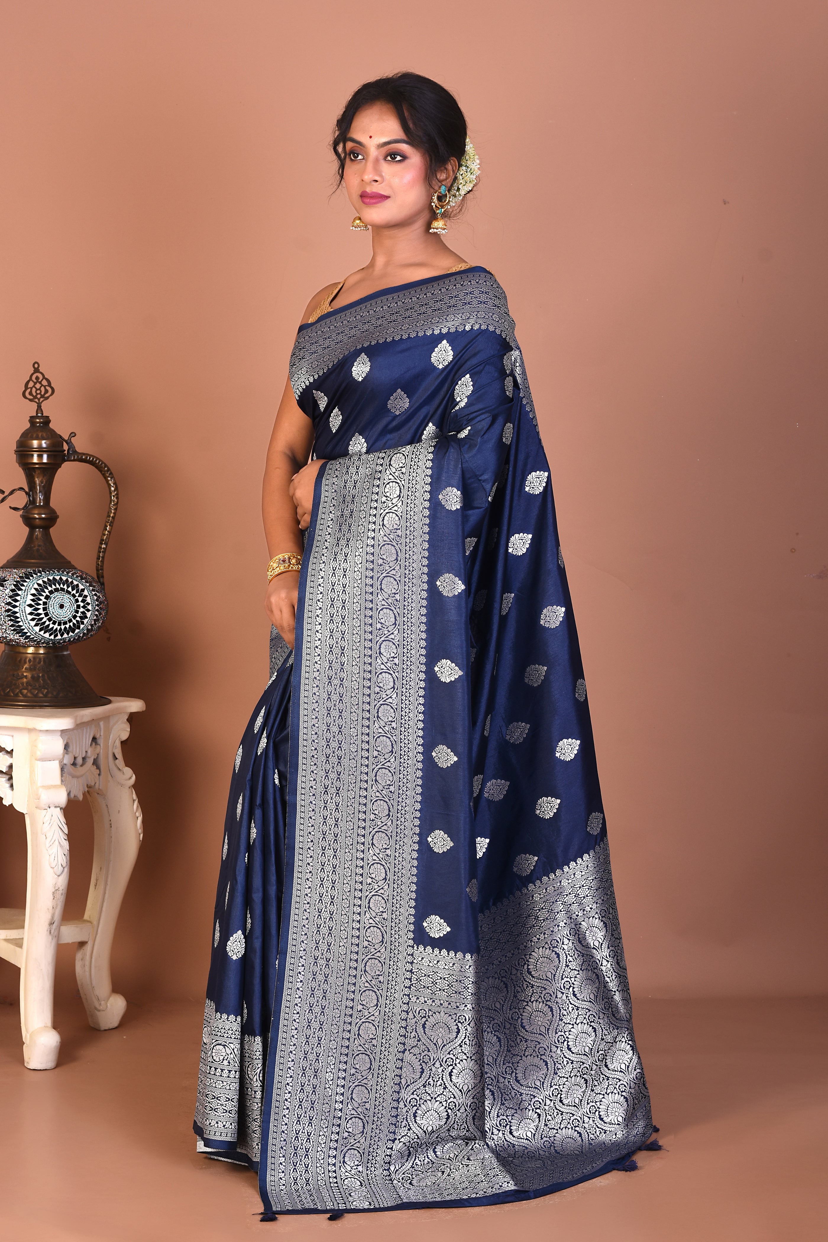 Navy Blue Blended Mashru Silk Saree - Keya Seth Exclusive