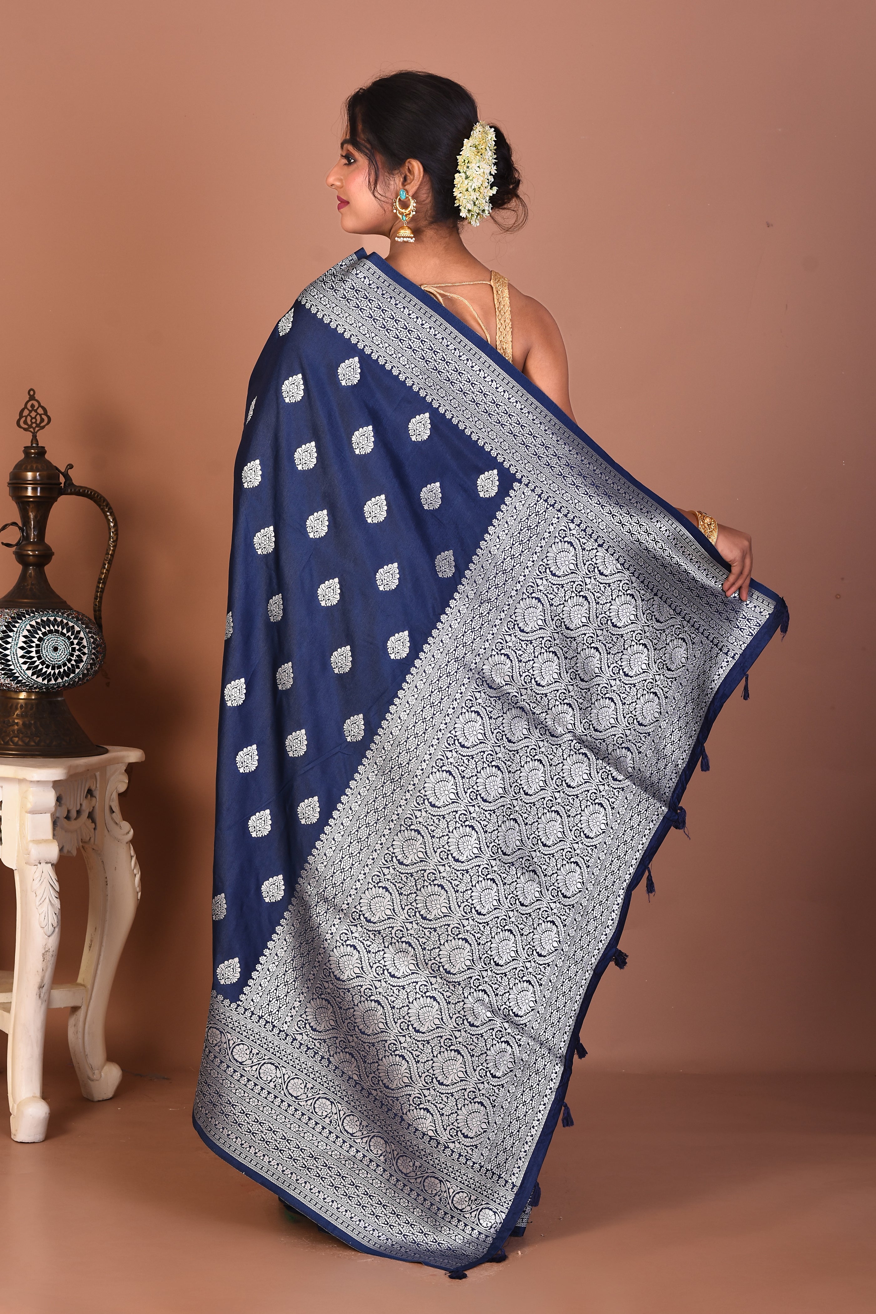 Navy Blue Blended Mashru Silk Saree - Keya Seth Exclusive