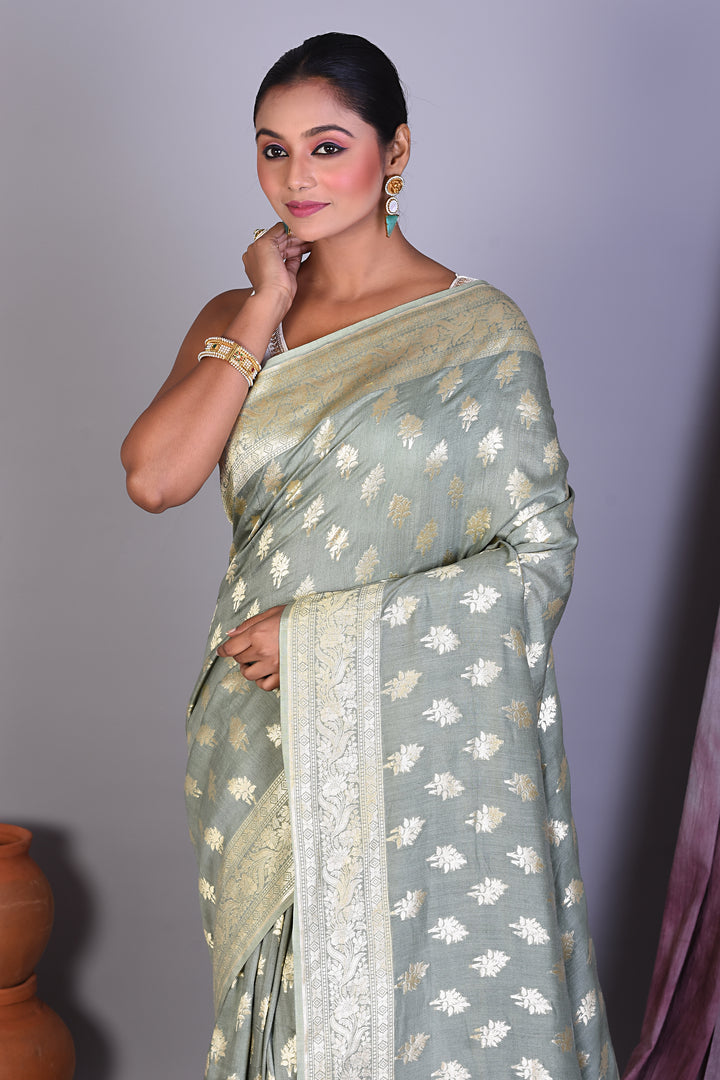 Pesta Green Pure Muga Saree with Golden Zari - Keya Seth Exclusive