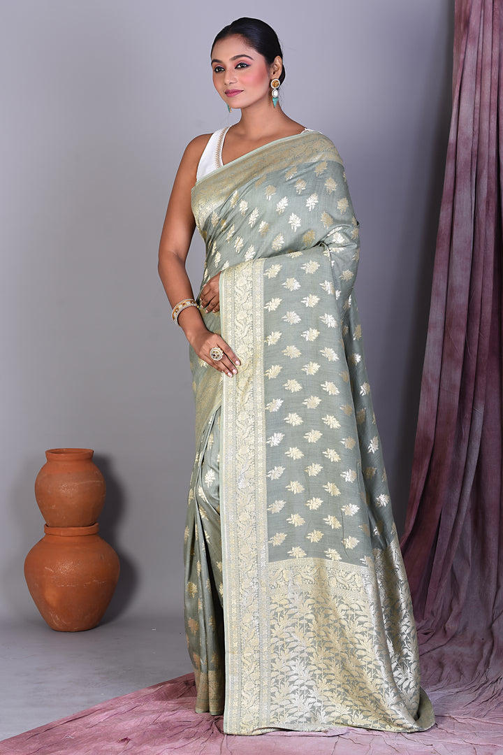 Pesta Green Pure Muga Saree with Golden Zari - Keya Seth Exclusive