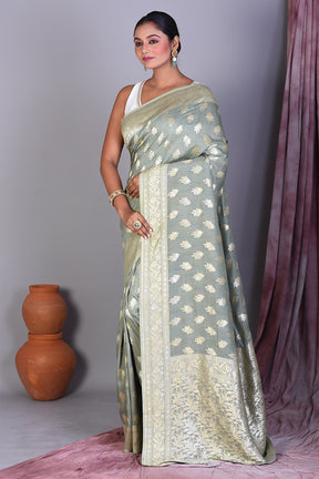 Pesta Green Pure Muga Saree with Golden Zari - Keya Seth Exclusive