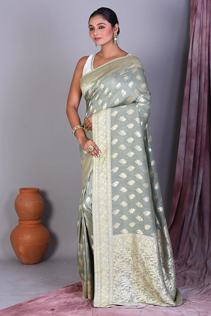 Pesta Green Pure Muga Saree with Golden Zari - Keya Seth Exclusive