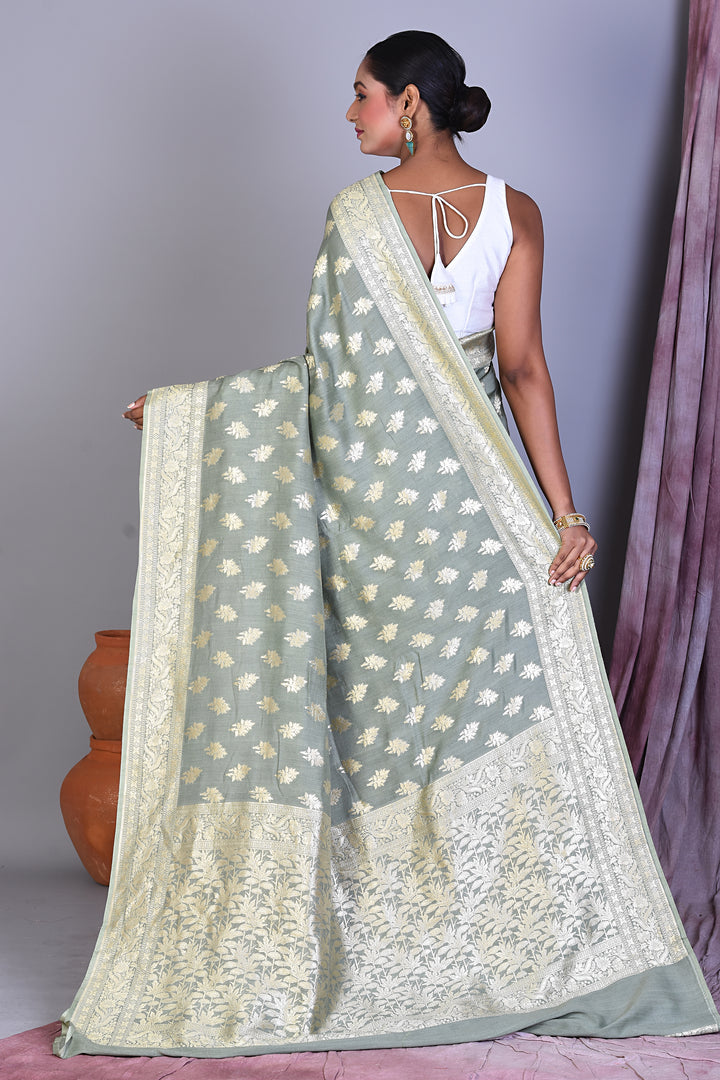 Pesta Green Pure Muga Saree with Golden Zari - Keya Seth Exclusive