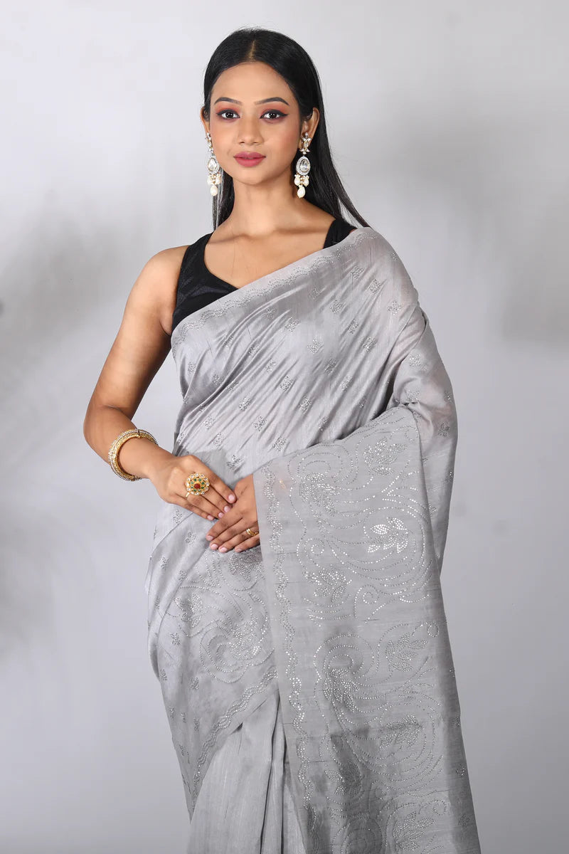Grey Blended Tussar Silk Saree - Keya Seth Exclusive