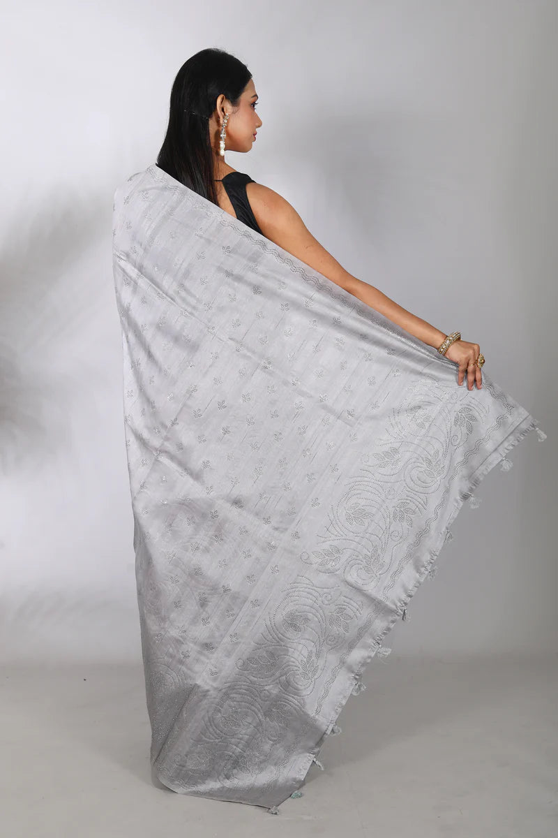 Grey Blended Tussar Silk Saree - Keya Seth Exclusive