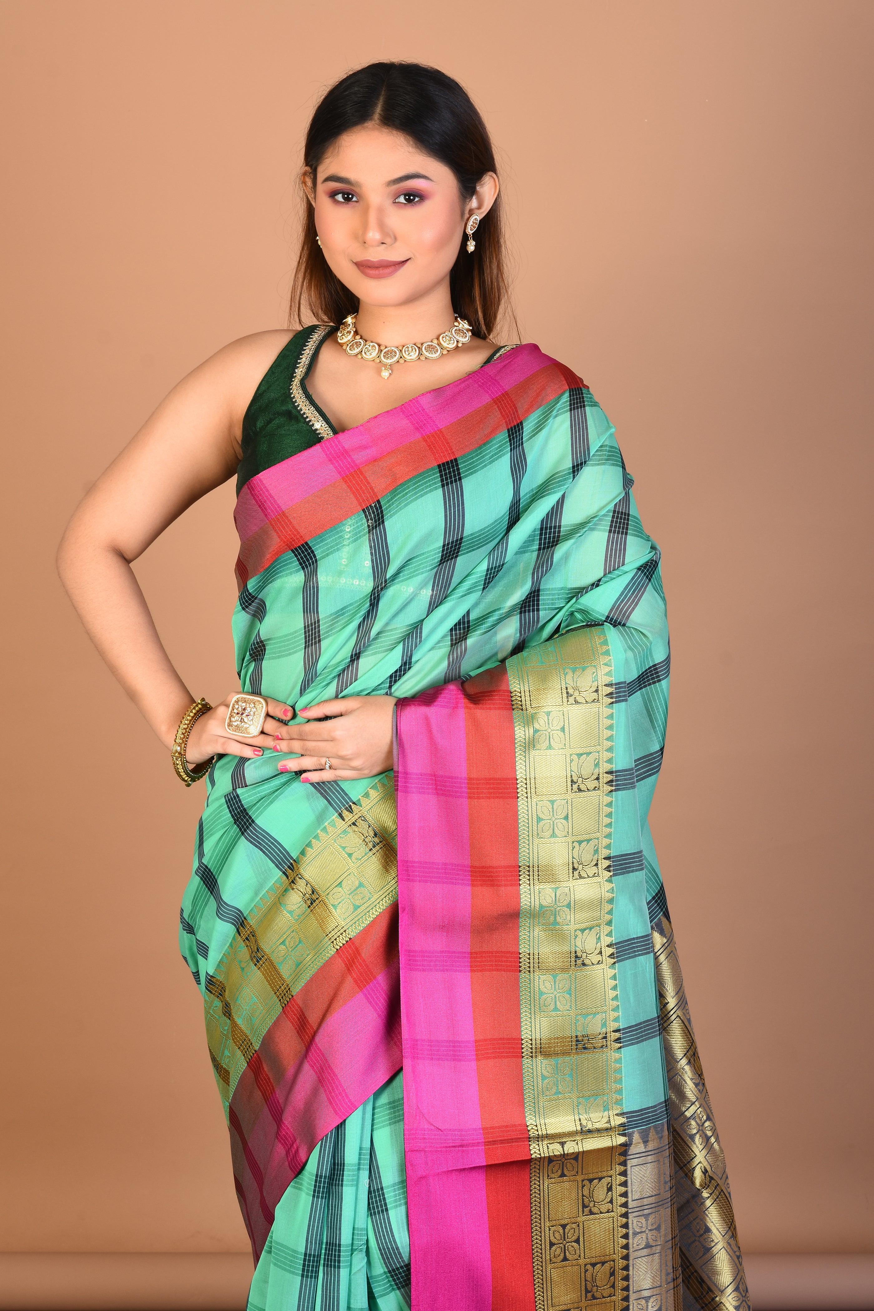 Green Blended Silk Saree with Blouse Piece - Keya Seth Exclusive