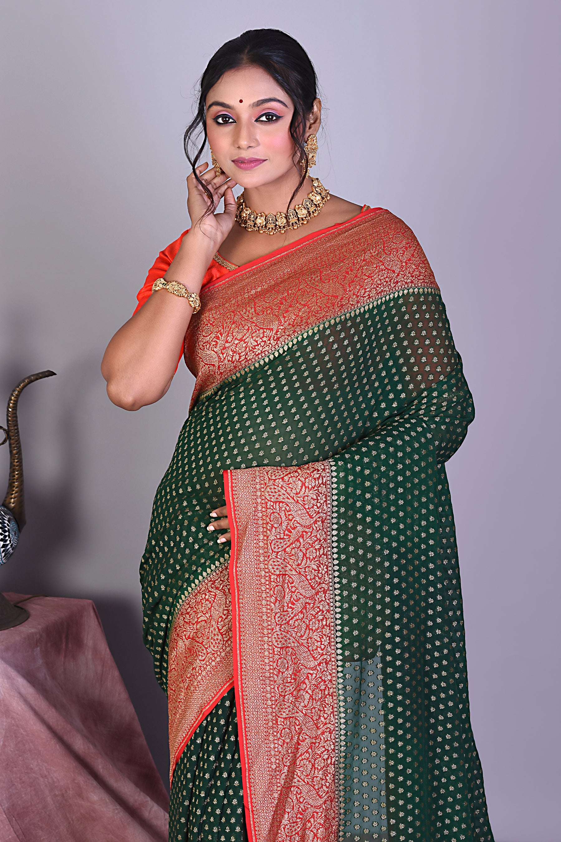 Deep Green Pure Georgette Khaddi Saree - Keya Seth Exclusive