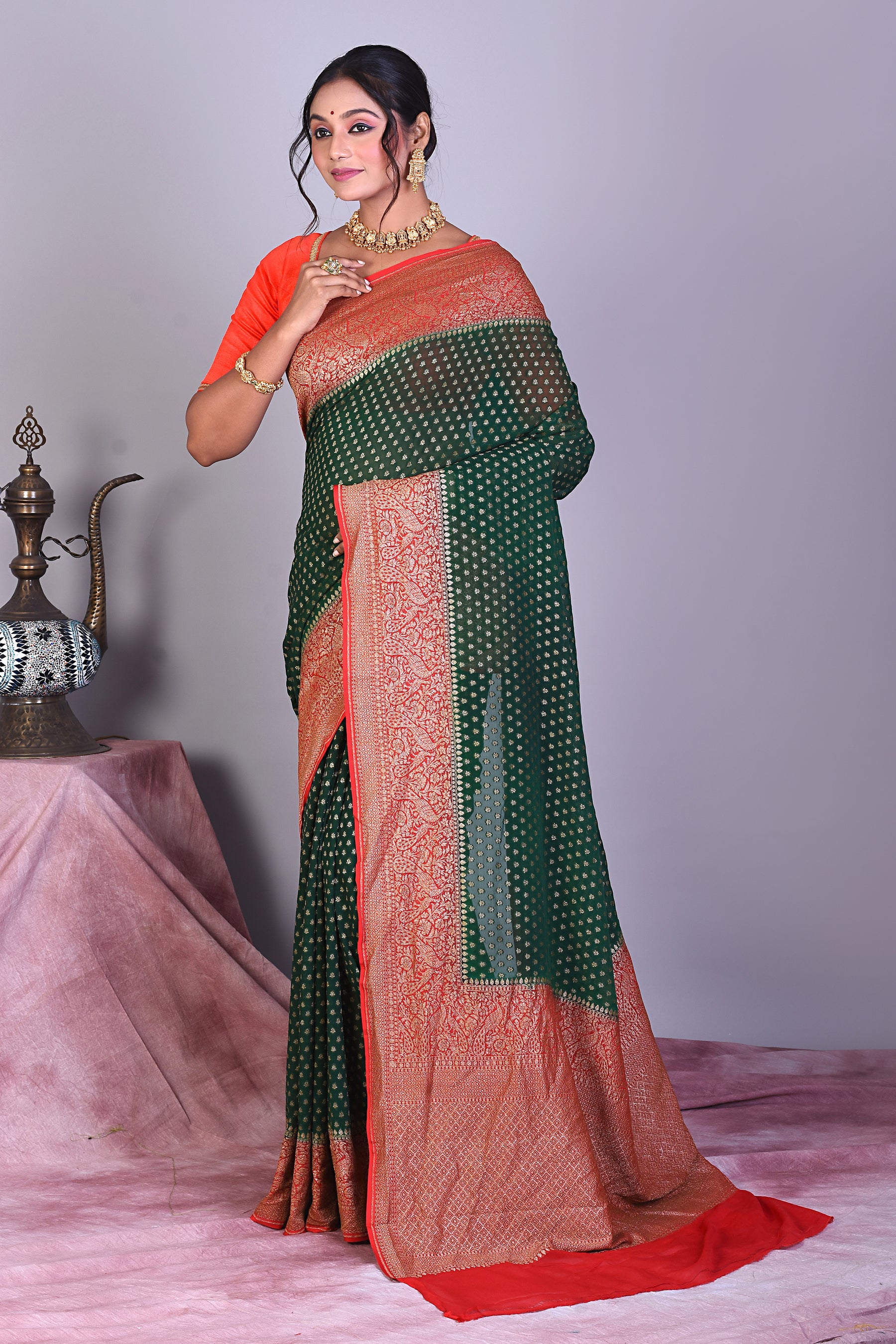 Deep Green Pure Georgette Khaddi Saree - Keya Seth Exclusive