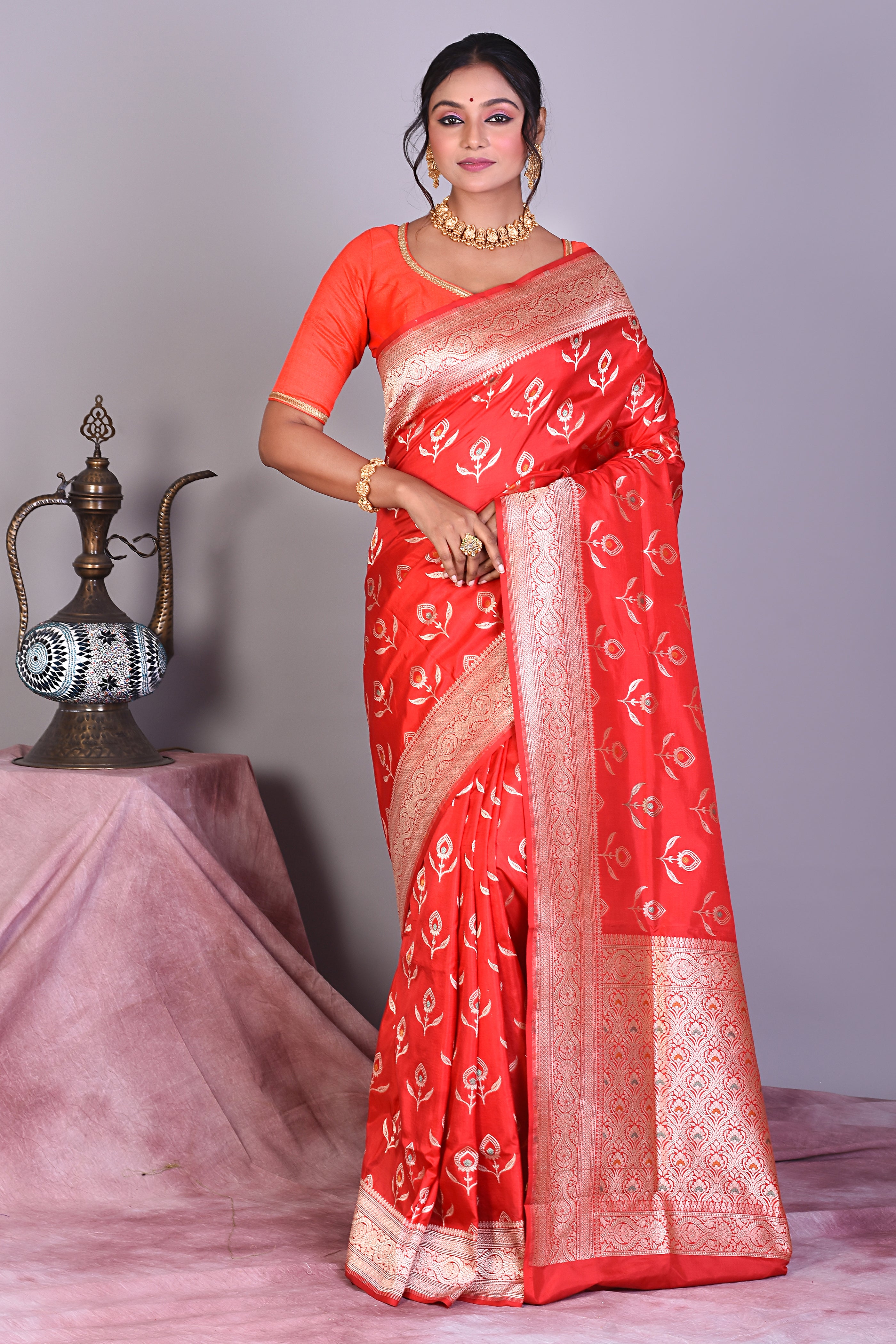 Red Pure Katan Saree with Zari Work - Keya Seth Exclusive