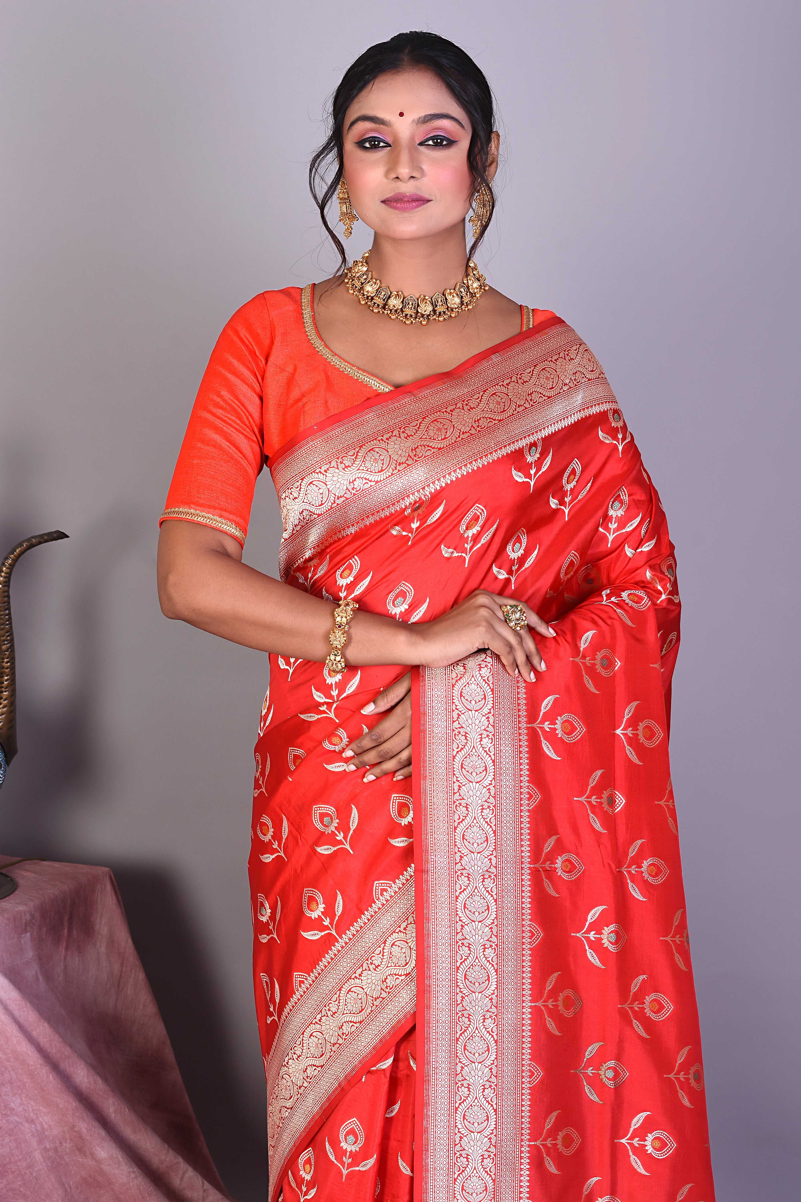 Red Pure Katan Saree with Zari Work - Keya Seth Exclusive