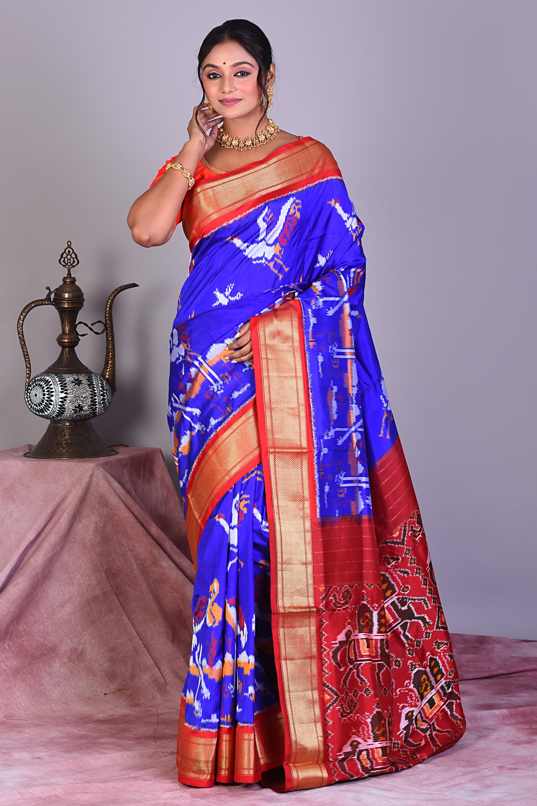 Blue Pure Ikkat Saree with Red Borders - Keya Seth Exclusive