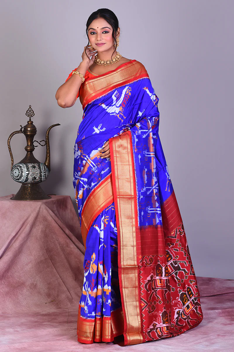 Blue Pure Ikkat Saree with Red Borders - Keya Seth Exclusive