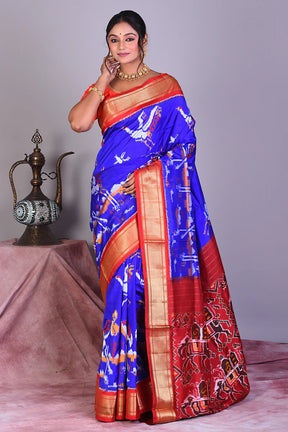 Blue Pure Ikkat Saree with Red Borders - Keya Seth Exclusive
