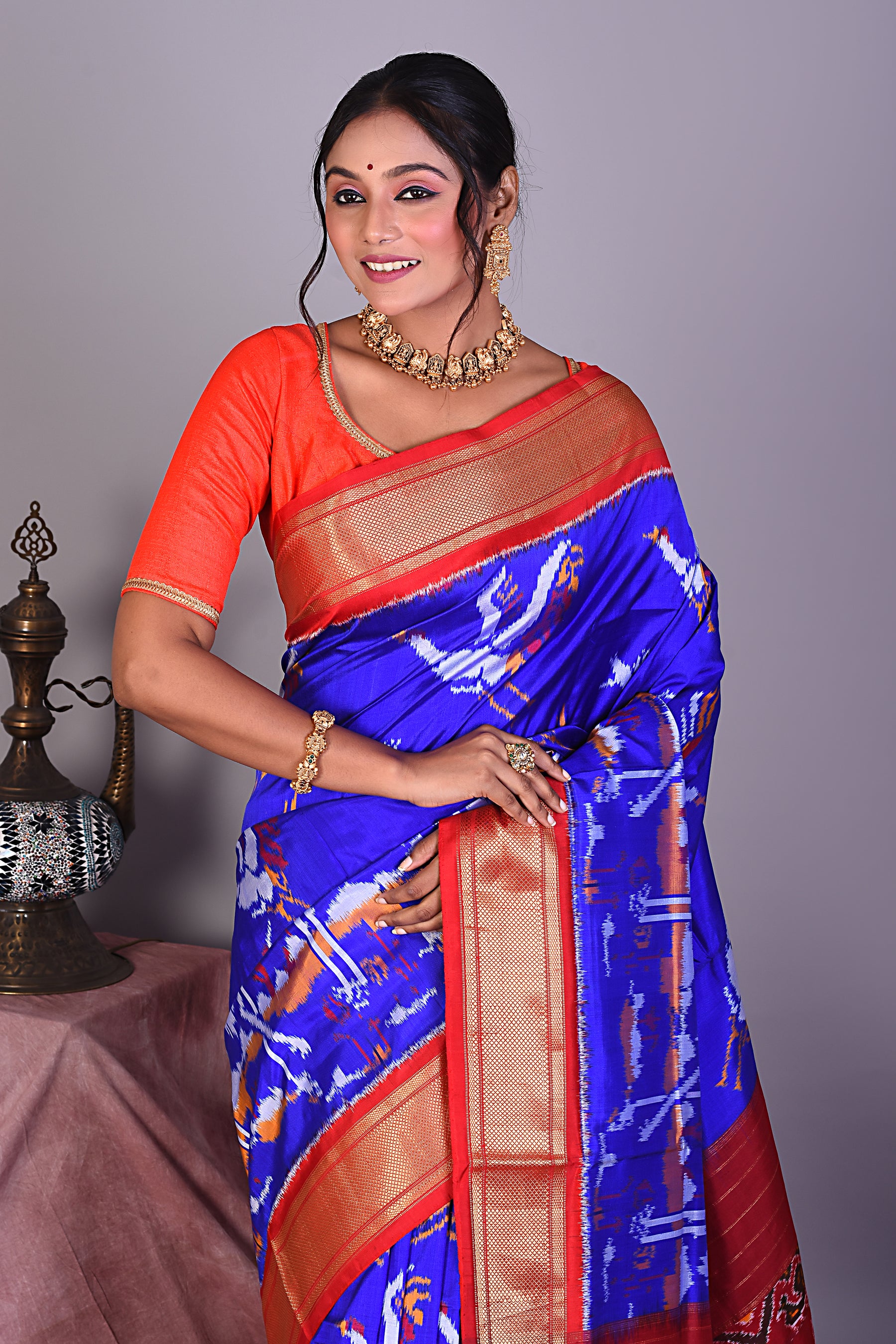 Blue Pure Ikkat Saree with Red Borders - Keya Seth Exclusive