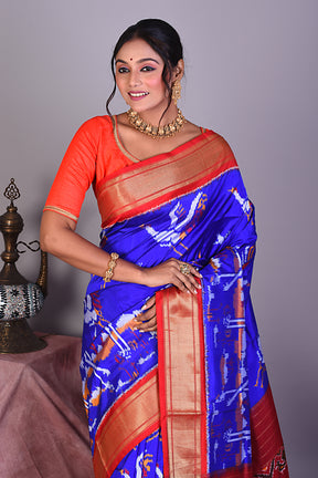 Blue Pure Ikkat Saree with Red Borders - Keya Seth Exclusive