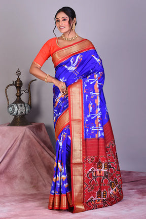 Blue Pure Ikkat Saree with Red Borders - Keya Seth Exclusive
