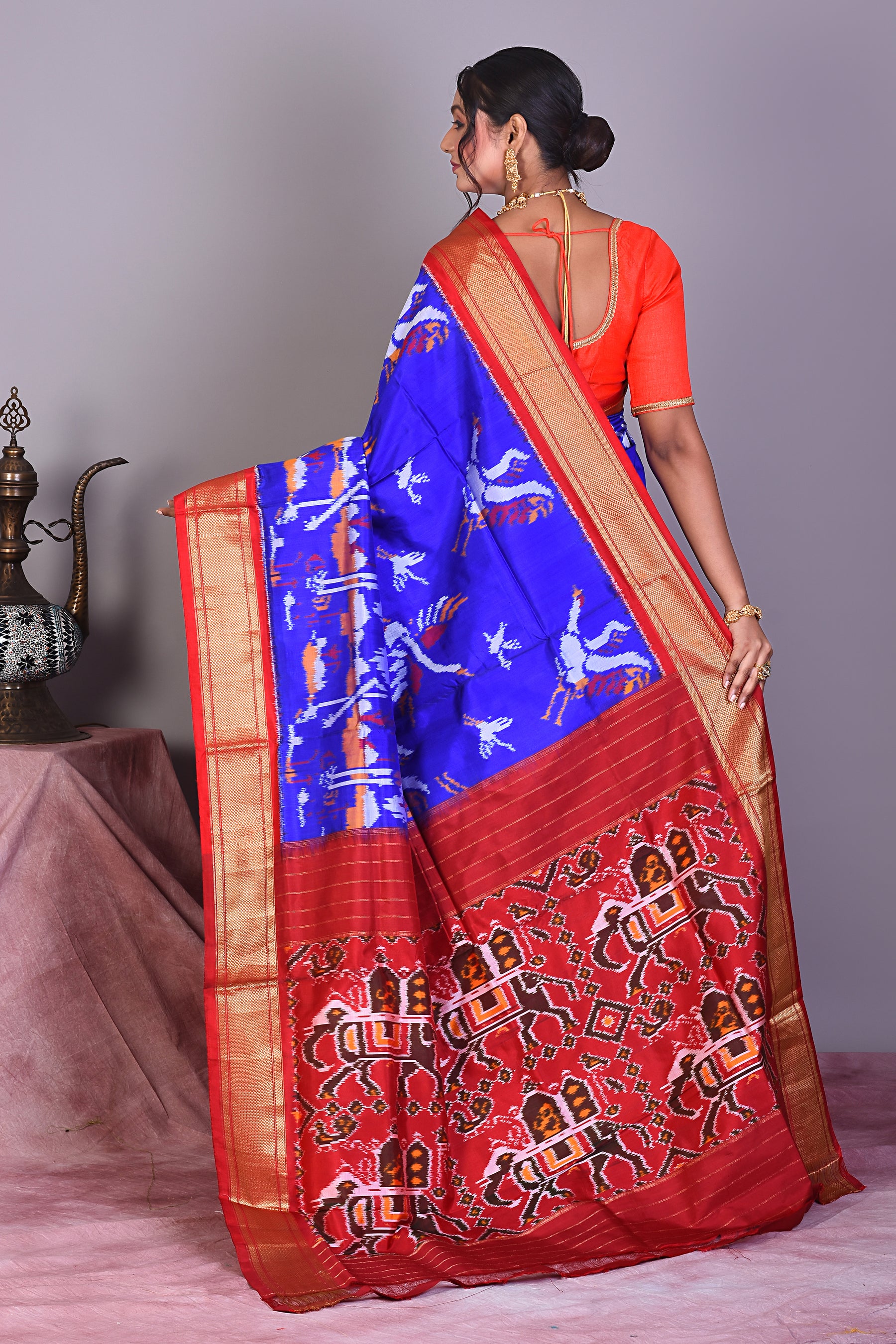 Blue Pure Ikkat Saree with Red Borders - Keya Seth Exclusive