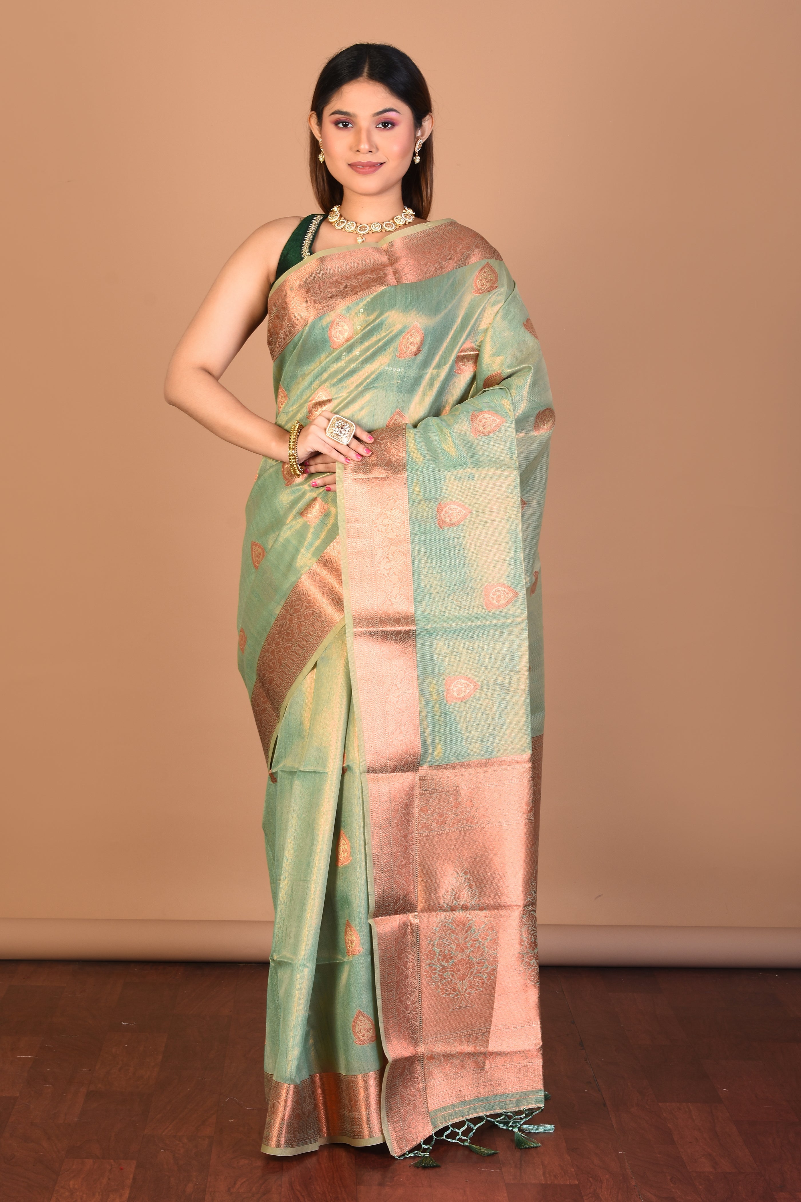 Green Tissue Saree with Blouse Piece - Keya Seth Exclusive