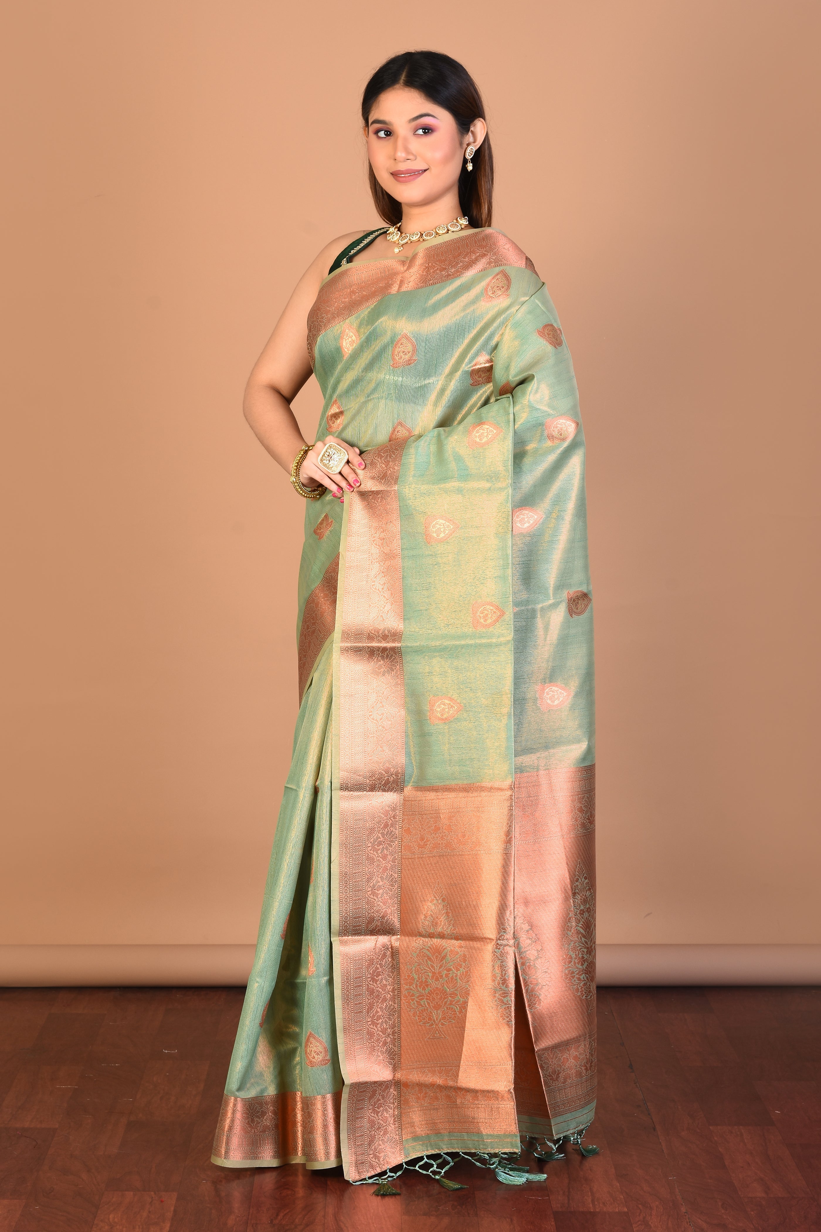 Green Tissue Saree with Blouse Piece - Keya Seth Exclusive