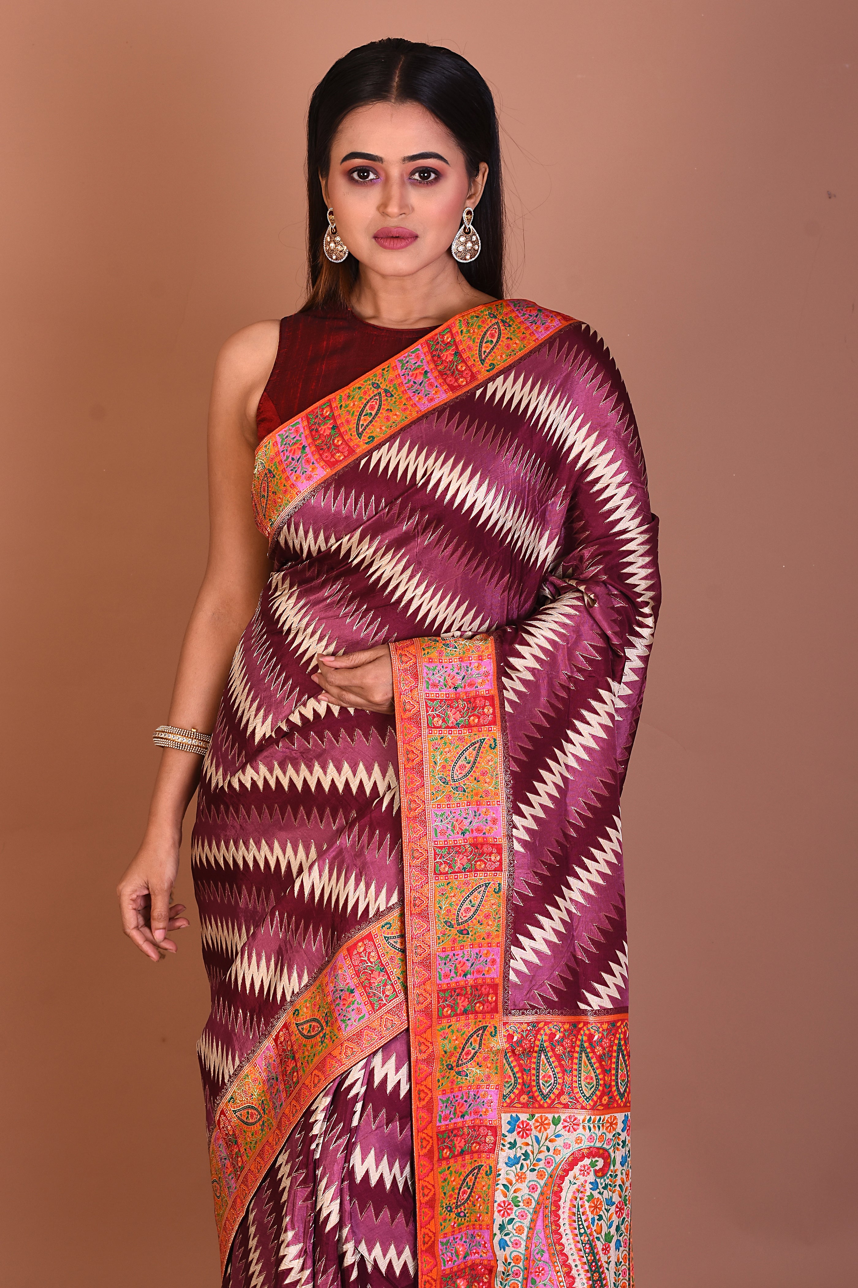Maroon Blended Printed Silk Saree - Keya Seth Exclusive