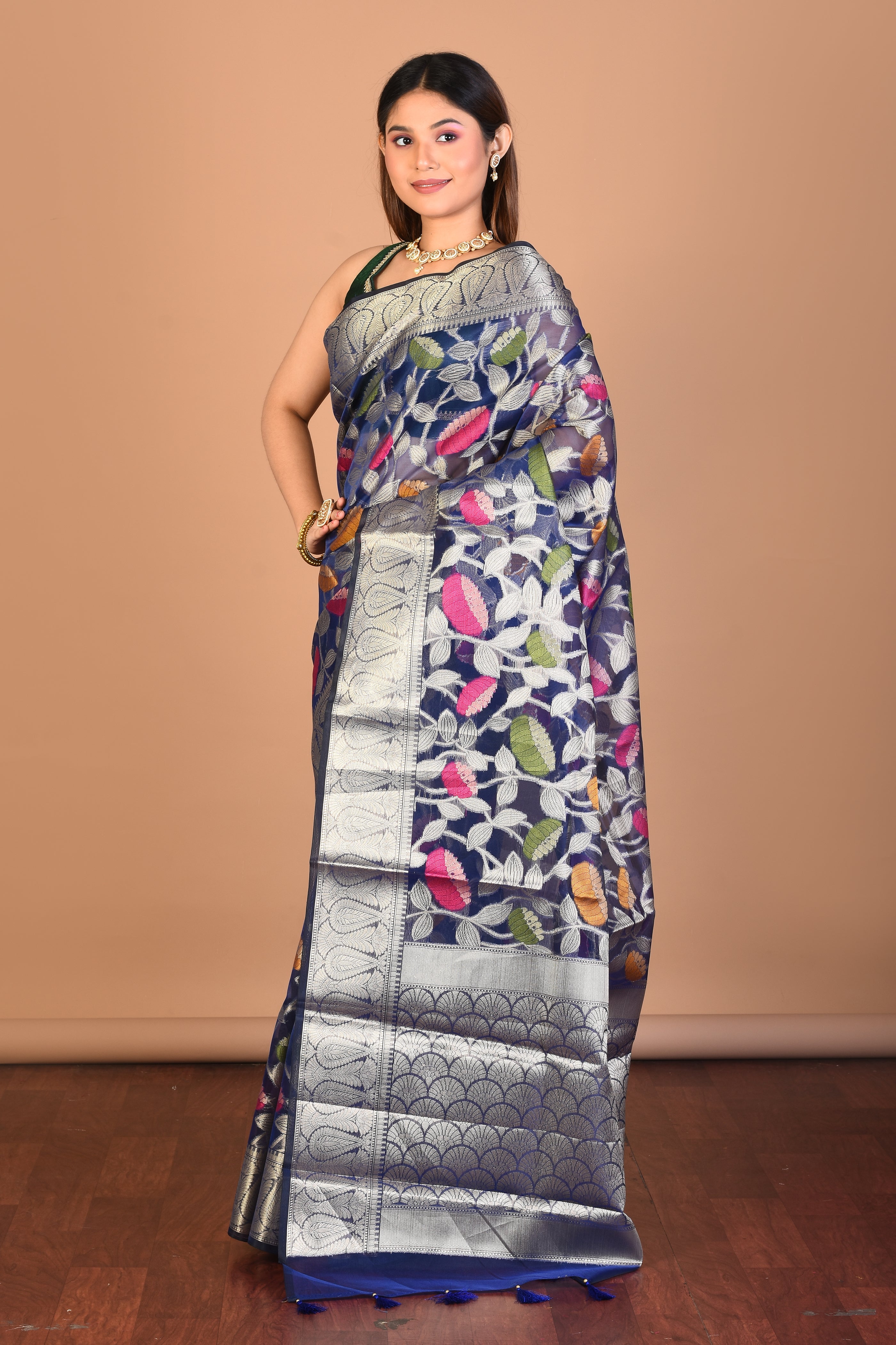 Blue Tissue Saree with Blouse Piece - Keya Seth Exclusive