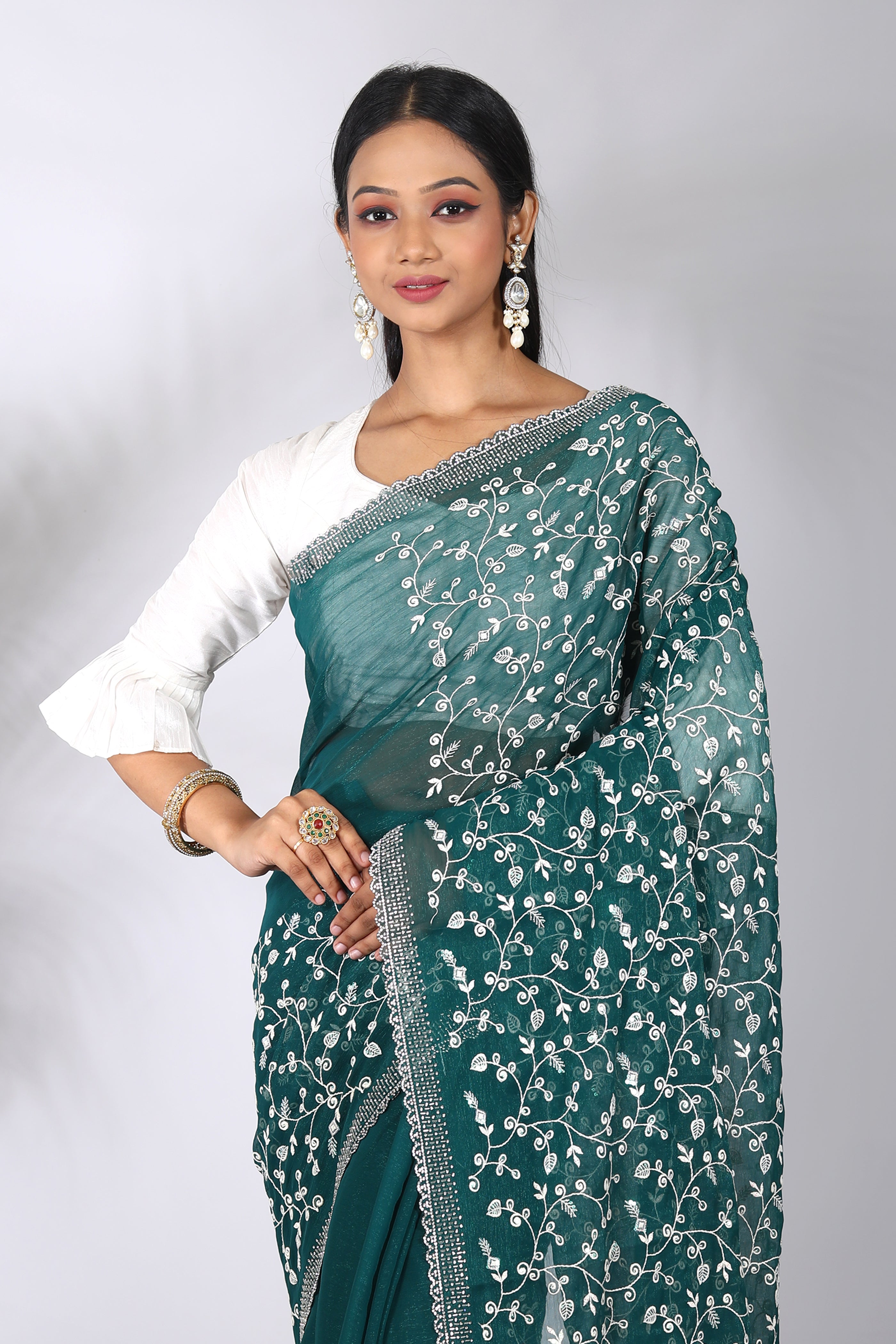 Deep Green Blended Georgette Saree - Keya Seth Exclusive